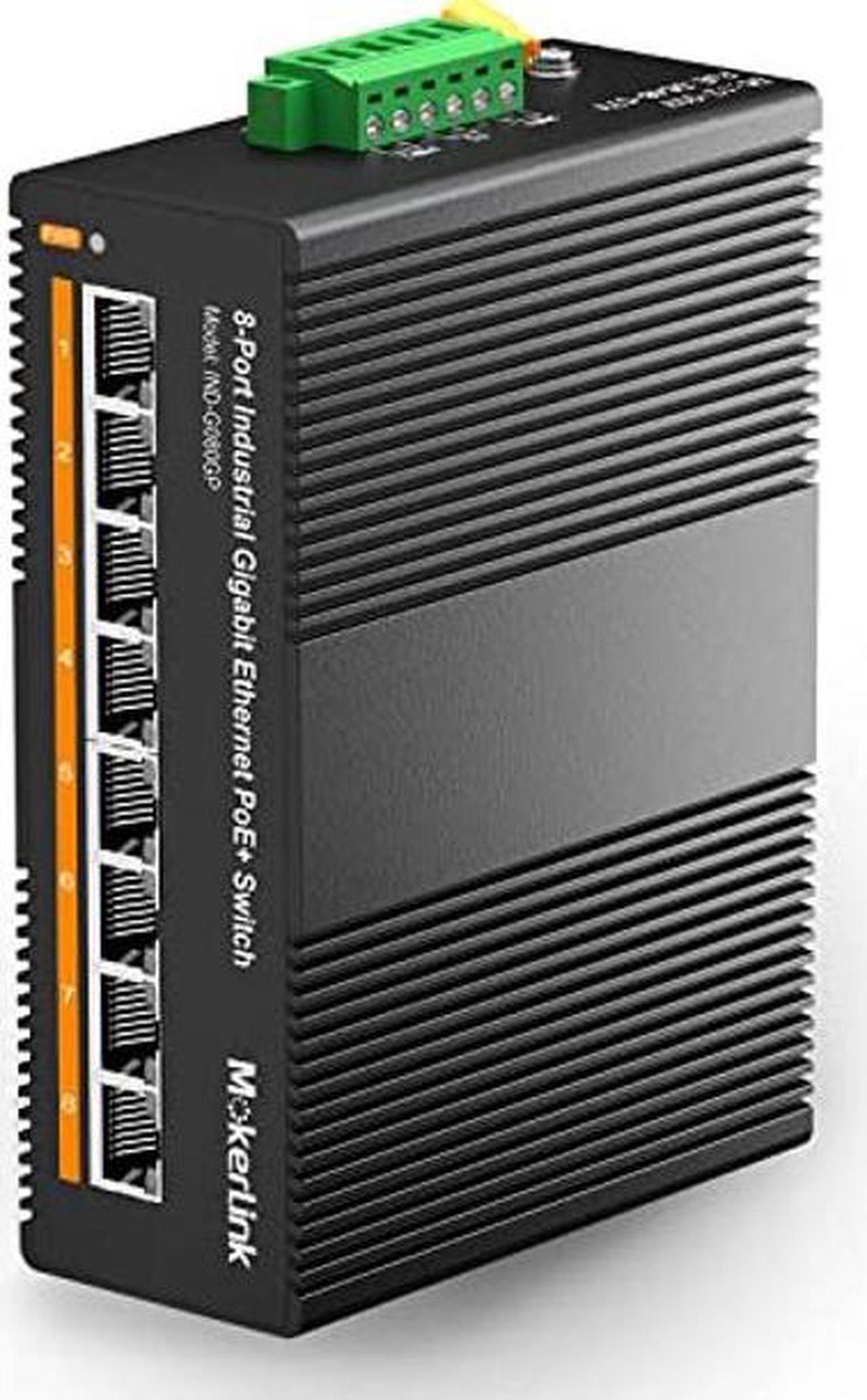 Main image of MokerLink 8 Port PoE Gigabit Industrial DIN-Rail Ethernet Switch, 96W PoE+ Power, 16Gbps Switching Capacity, IP40 Rated Unmanaged Network Switch (-40 to 185degF), with Power Supply