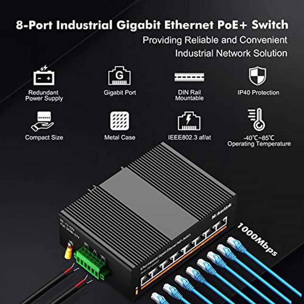 Alt view image 2 of 5 - MokerLink 8 Port PoE Gigabit Industrial DIN-Rail Ethernet Switch, 96W PoE+ Power, 16Gbps Switching Capacity, IP40 Rated Unmanaged Network Switch (-40 to 185degF), with Power Supply