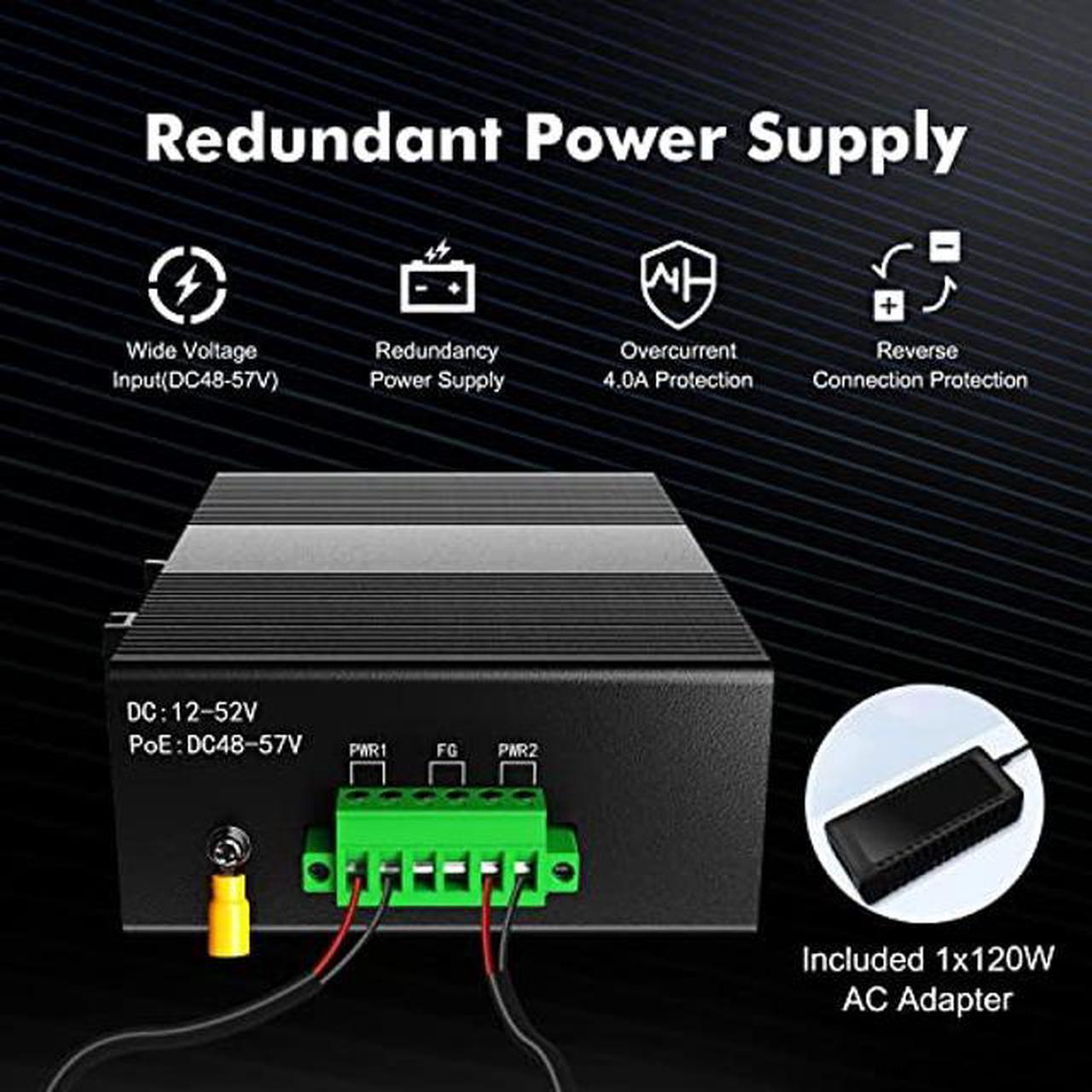 Alt view image 5 of 5 - MokerLink 8 Port PoE Gigabit Industrial DIN-Rail Ethernet Switch, 96W PoE+ Power, 16Gbps Switching Capacity, IP40 Rated Unmanaged Network Switch (-40 to 185degF), with Power Supply