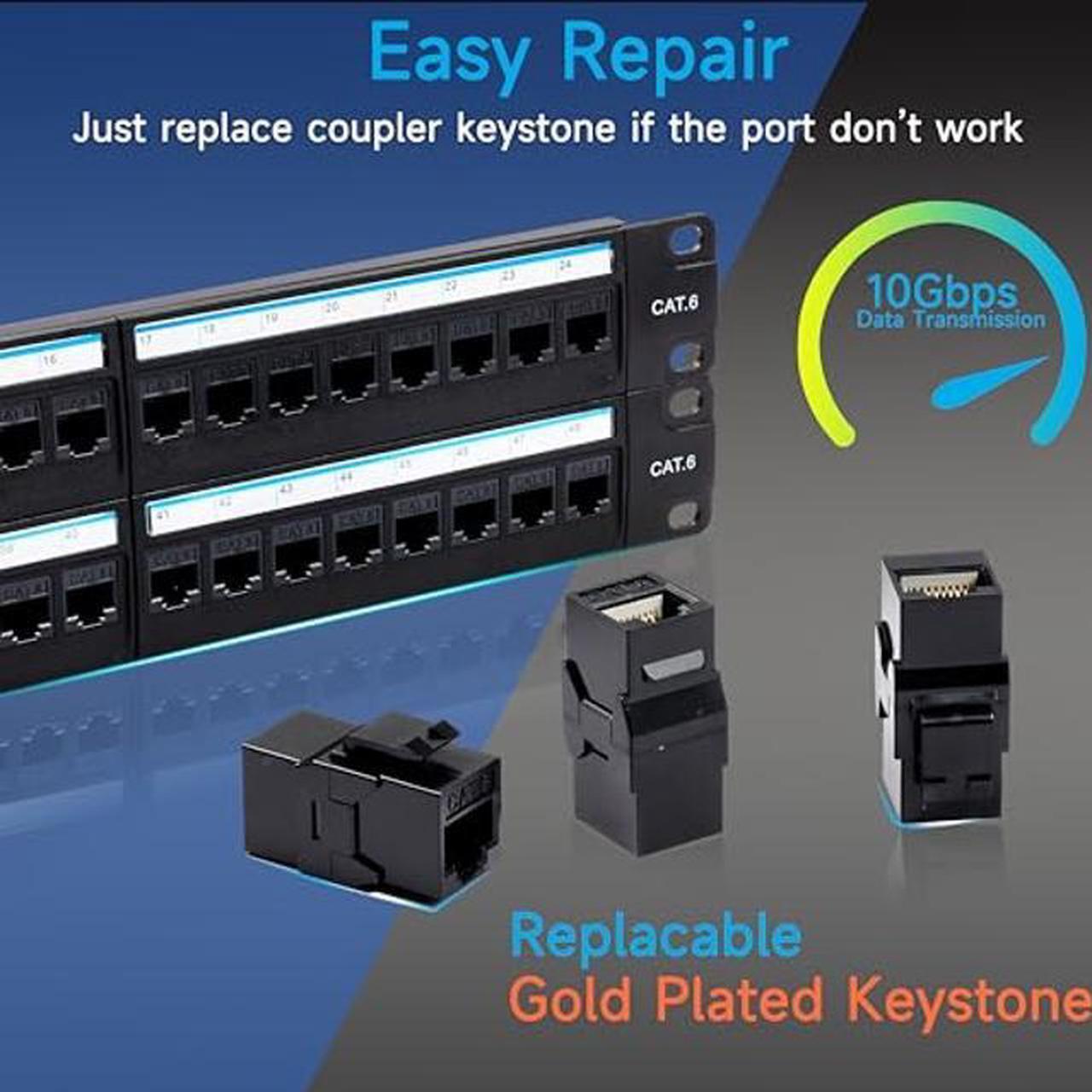 Alt view image 5 of 5 - Lysymixs 48 Port RJ45 Patch Panel Cat6 Feed Through, Coupler Network Patch Panel 19 Inch, Inline Keystone Ethernet Patch Panel with Back Bar