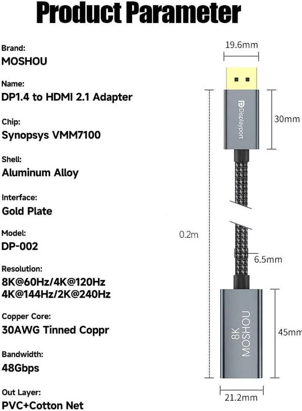 Alt view image 5 of 5 - DisplayPort 1.4 to HDMI 2.1 HDR Active Adapter,Support 4k@120Hz,8K@60Hz,HDR,Uni-Directional Display Port 1.4 to HDMI 8K Converter,Support for RTX3080/3090,RX6800/6900 and More