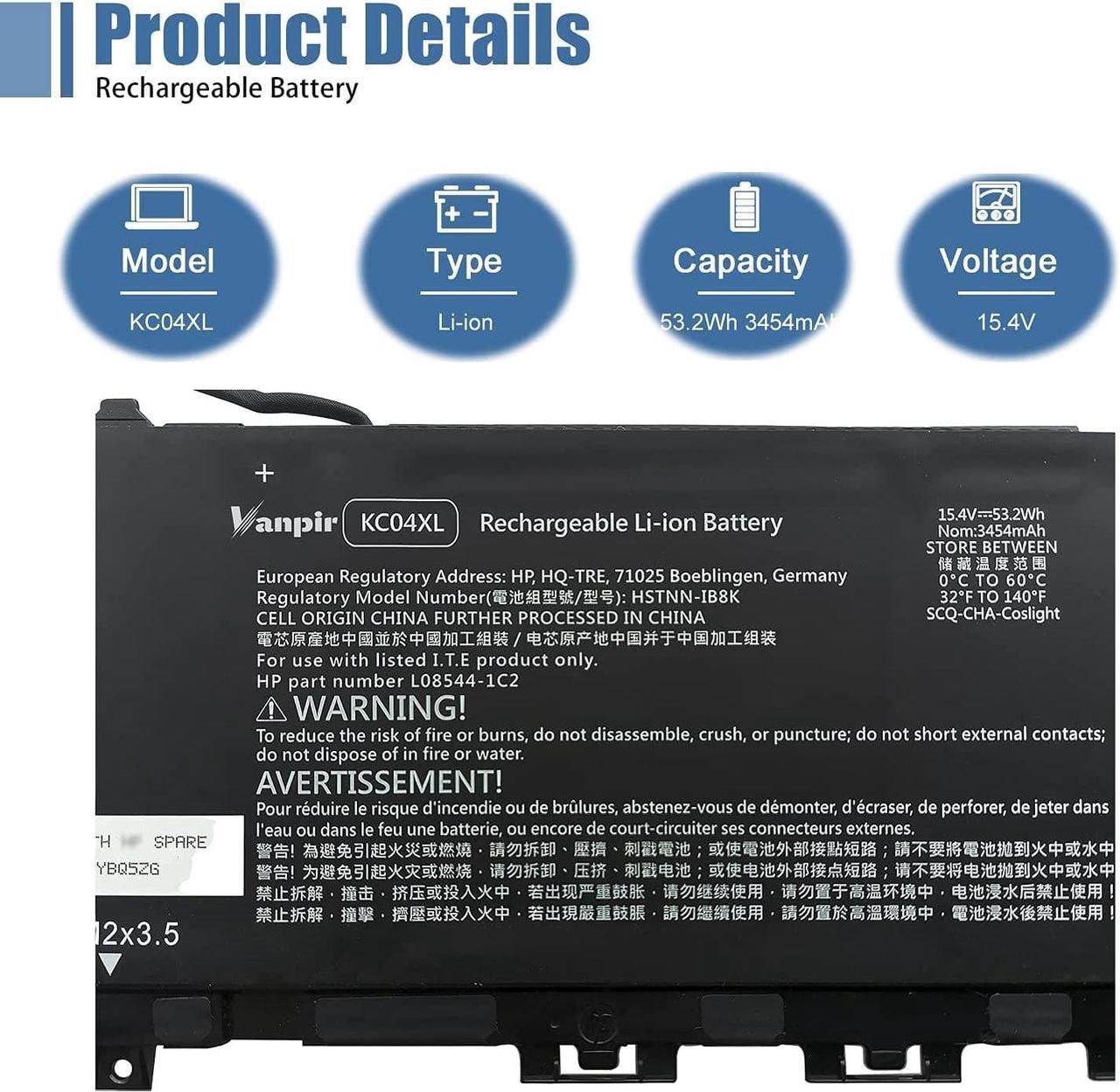 Alt view image 2 of 5 - Vanpir KC04XL HSTNN-IB8K Laptop Battery for HP Envy X360 13-AG 13M-AQ 13-AR Envy 13-AH 13-AQ 13-AG Notebook battery L08496-855 HSTNN-DB8P KC04053XL L08544-1C1 L08544-2B1 TPN-W133 TPN-W136 15.4V 53.2Wh