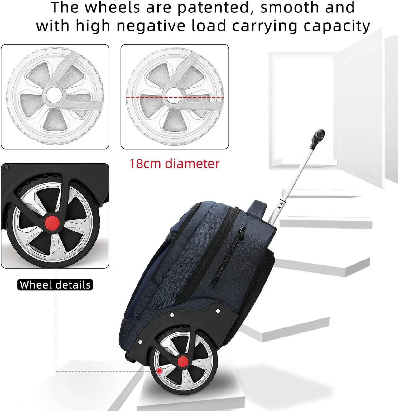 Alt view image 2 of 5 - Rolling Backpack, Waterproof Backpack with Wheels for Business, Travel Commuter, Carry on Backpack with Laptop Compartment, Fit 15.6 Inch Laptop, Wheeled Backpack for Adults Women Men (Blue, 20inch)