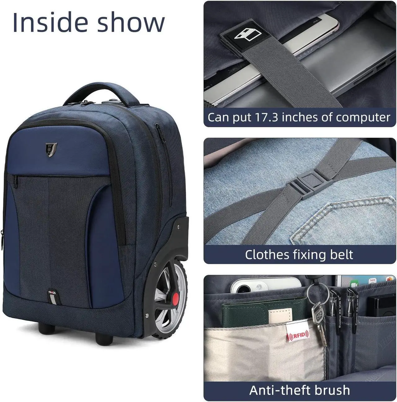 Alt view image 4 of 5 - Rolling Backpack, Waterproof Backpack with Wheels for Business, Travel Commuter, Carry on Backpack with Laptop Compartment, Fit 15.6 Inch Laptop, Wheeled Backpack for Adults Women Men (Blue, 20inch)