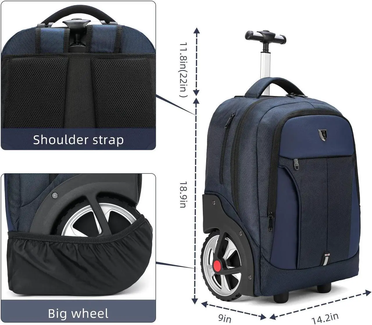Alt view image 5 of 5 - Rolling Backpack, Waterproof Backpack with Wheels for Business, Travel Commuter, Carry on Backpack with Laptop Compartment, Fit 15.6 Inch Laptop, Wheeled Backpack for Adults Women Men (Blue, 20inch)