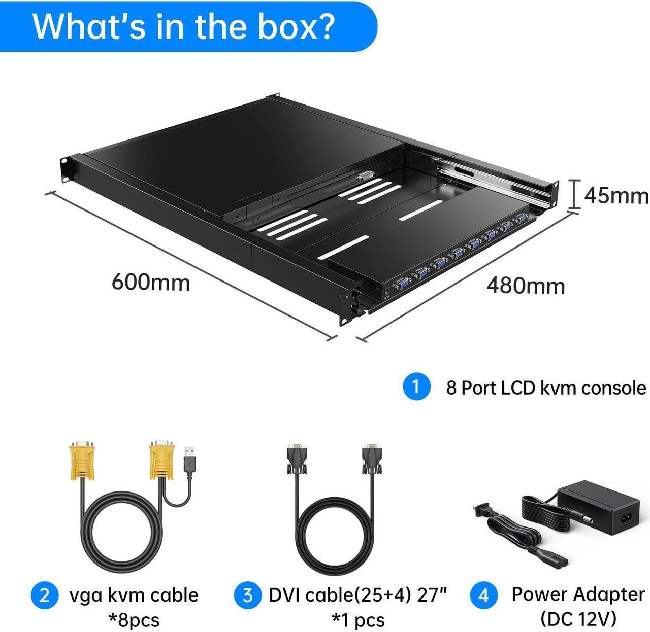 Alt view image 5 of 5 - 17" LCD KVM Console 8 Port VGA, Yinker Rackmount KVM Switch Fit 1U 19" Rack, Keyboard Monitor Touchpad Drawer Integrated + Cables
