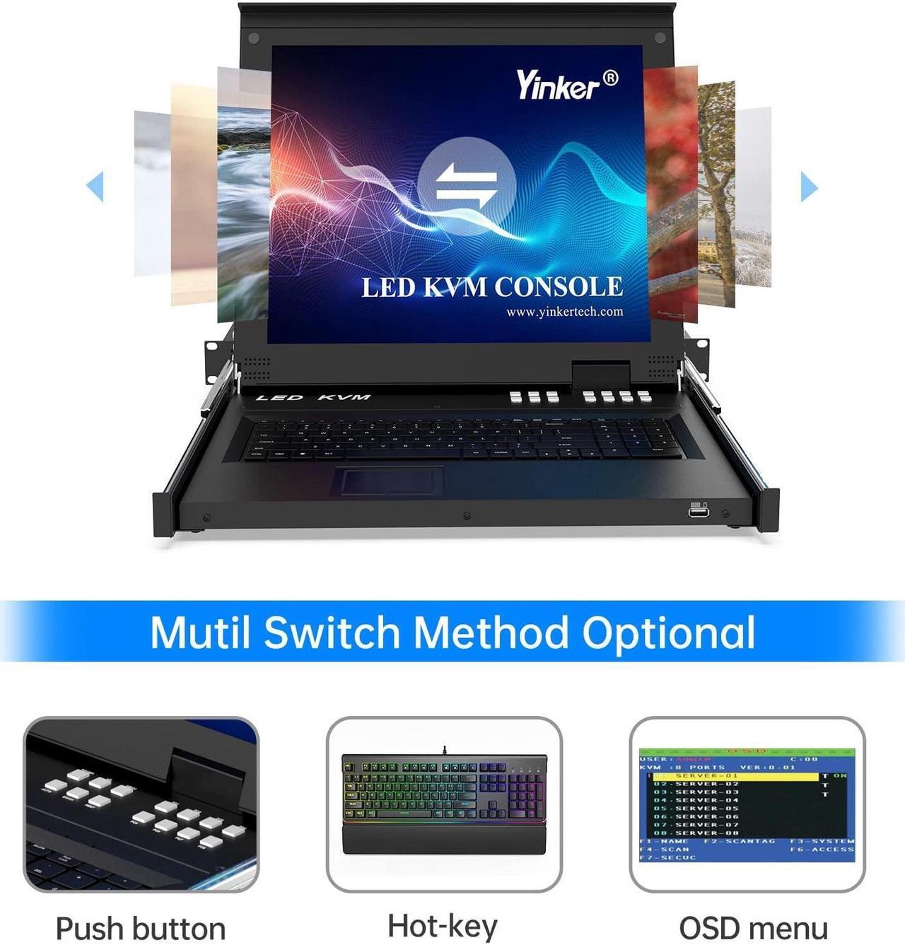 Alt view image 2 of 5 - 17" LCD KVM Console 8 Port VGA, Yinker Rackmount KVM Switch Fit 1U 19" Rack, Keyboard Monitor Touchpad Drawer Integrated + Cables