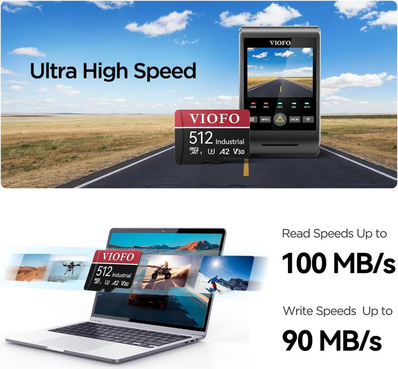 Alt view image 2 of 5 - VIOFO 512GB Industrial Grade microSD Card, U3 A2 V30 High Speed Memory Card with Adapter, Support Ultra HD 4K Video Recording