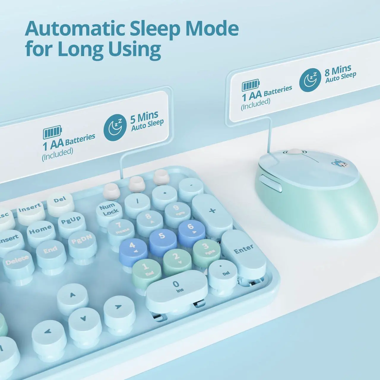 Alt view image 2 of 5 - Ussixchare Blue Keyboard and Mouse Combo Wireless Keyboard and Mouse Retro Typewriter Keyboard with Number Pad 2.4GHz Cute Mouse for Pc Laptop(Blue)