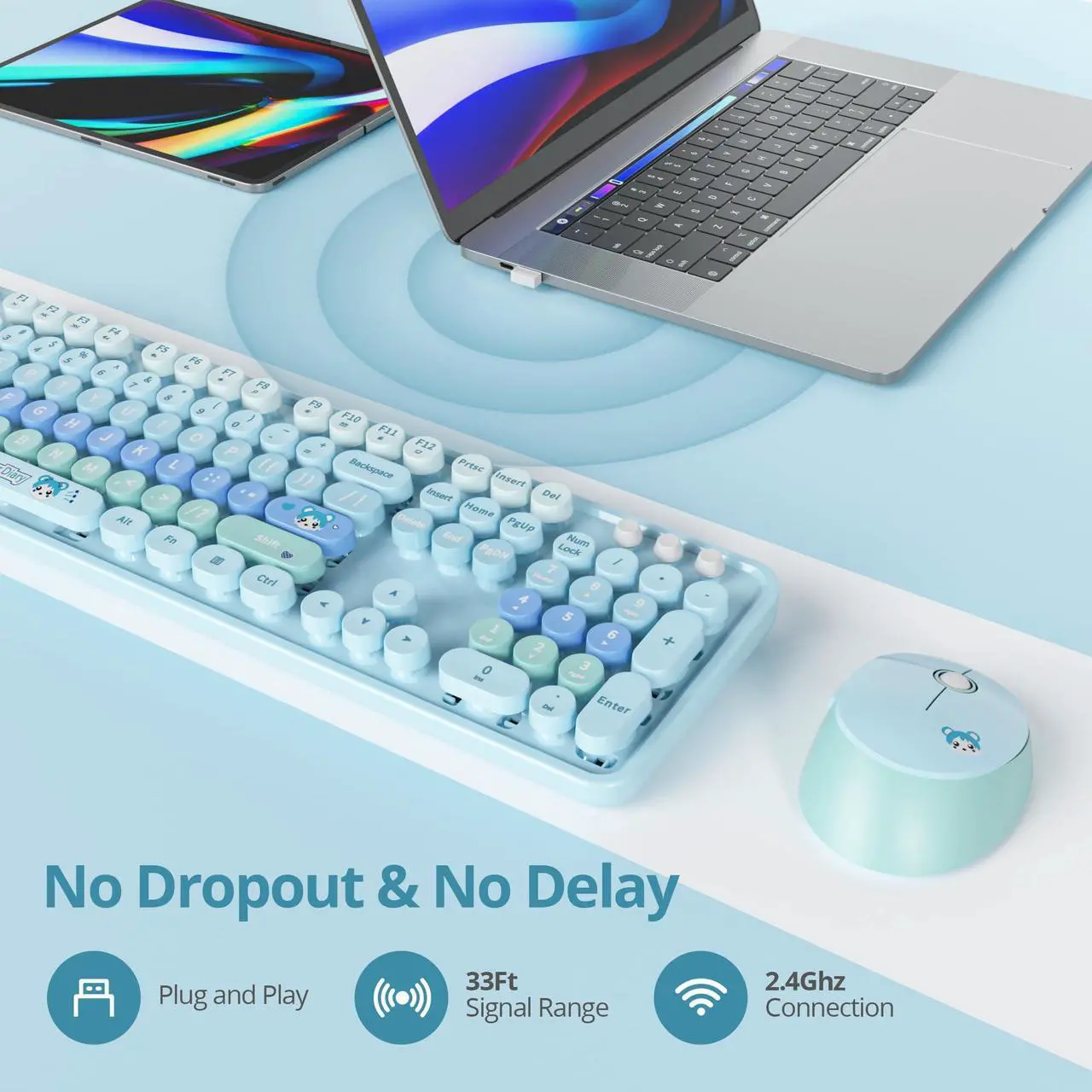 Alt view image 3 of 5 - Ussixchare Blue Keyboard and Mouse Combo Wireless Keyboard and Mouse Retro Typewriter Keyboard with Number Pad 2.4GHz Cute Mouse for Pc Laptop(Blue)