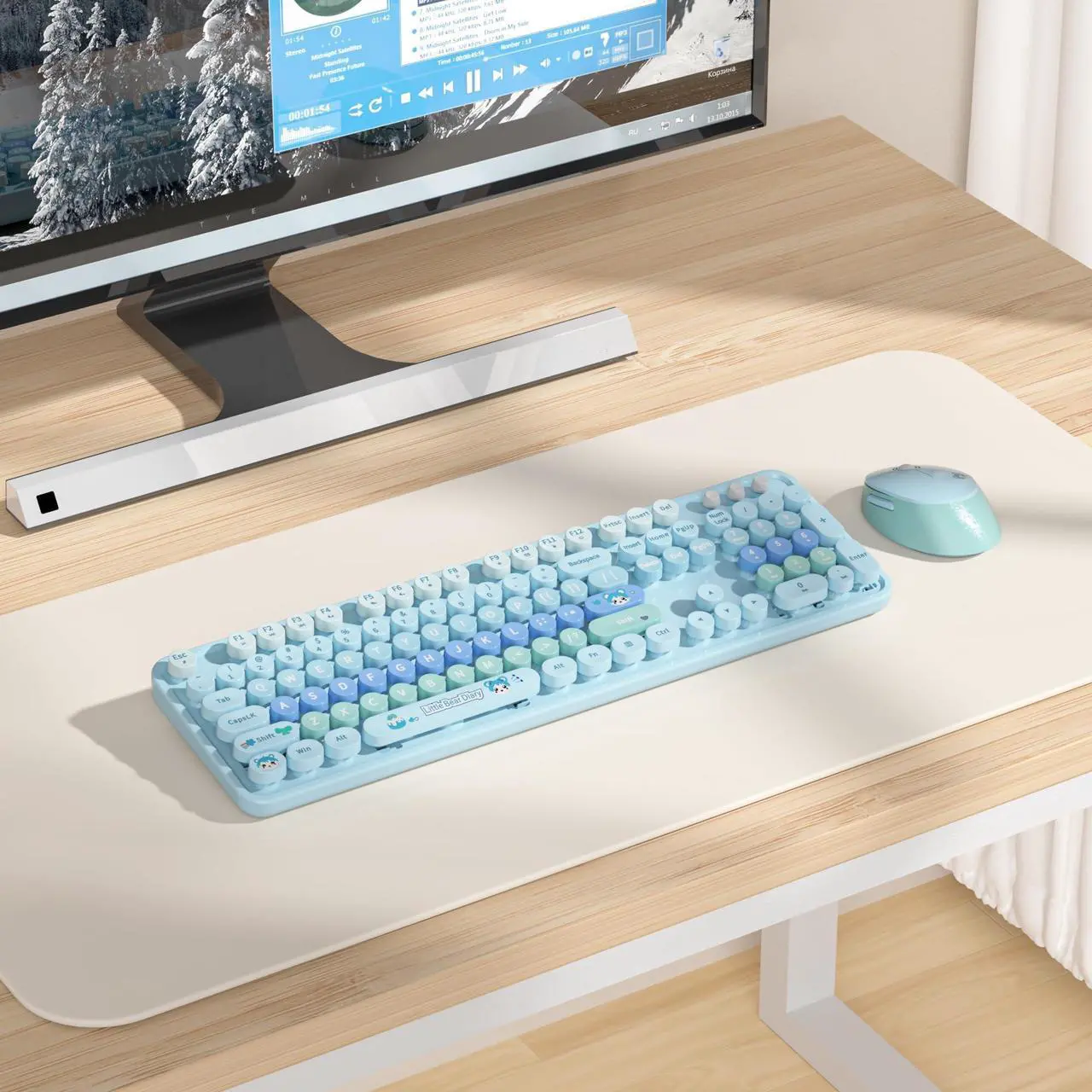 Alt view image 5 of 5 - Ussixchare Blue Keyboard and Mouse Combo Wireless Keyboard and Mouse Retro Typewriter Keyboard with Number Pad 2.4GHz Cute Mouse for Pc Laptop(Blue)