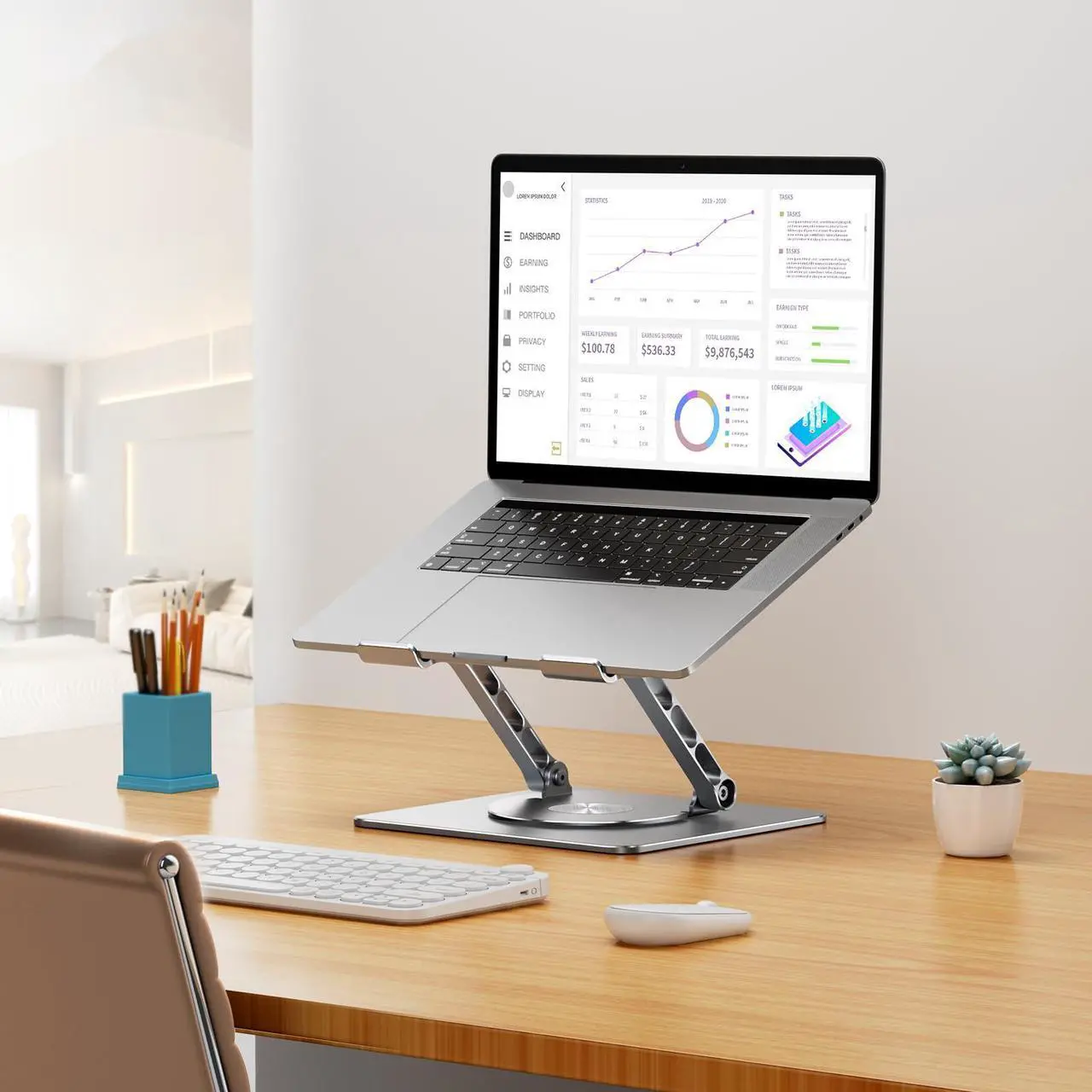 Alt view image 5 of 5 - VAJUN Rotating Laptop Stand, 360deg Angle Swivel, Height Adjustable for Neck/Shoulder Health, Solid Aluminum Base, Fits 10"-17" Laptop & Tablet (Silver)