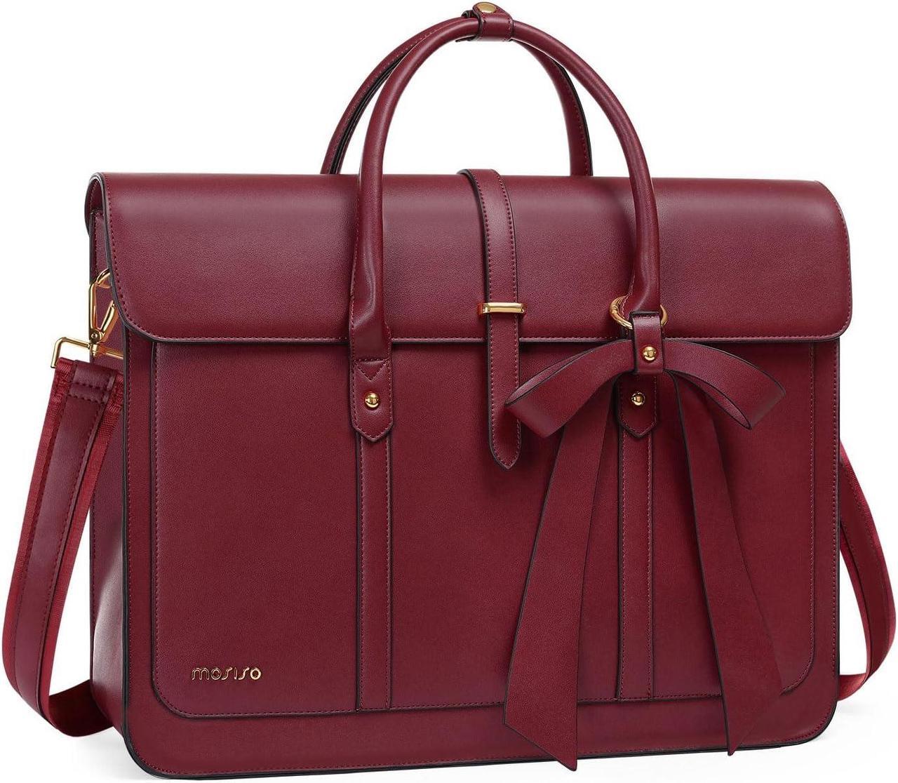Main image of MOSISO Laptop Bag for Women, 15-15.6 inch PU Leather Laptop Shoulder Bag Convertible Backpack, 16 inch Messenger Bag Casual Handbag Work Briefcase Travel Computer Bag with Bowknot, Wine Red