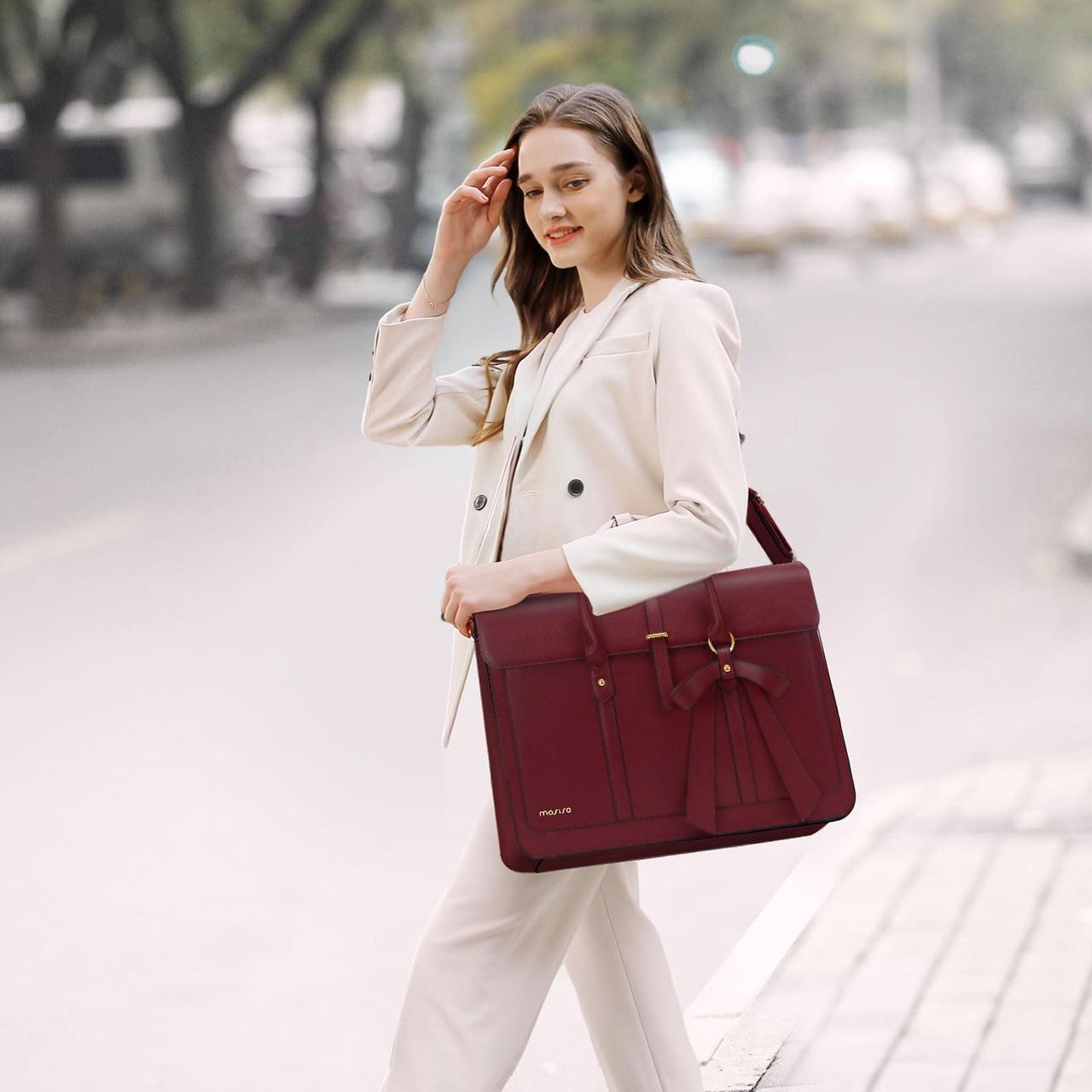 Alt view image 4 of 5 - MOSISO Laptop Bag for Women, 15-15.6 inch PU Leather Laptop Shoulder Bag Convertible Backpack, 16 inch Messenger Bag Casual Handbag Work Briefcase Travel Computer Bag with Bowknot, Wine Red