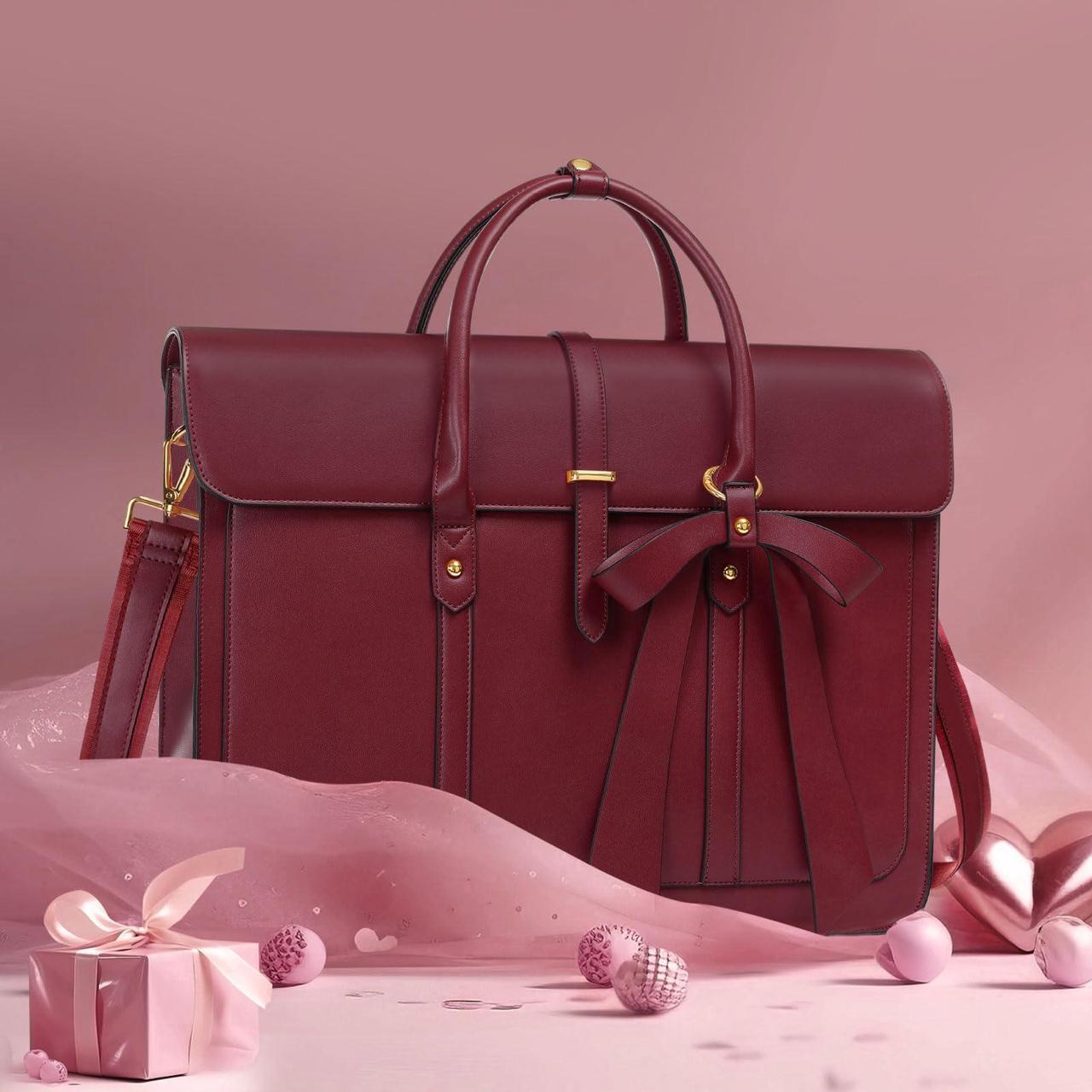 Alt view image 5 of 5 - MOSISO Laptop Bag for Women, 15-15.6 inch PU Leather Laptop Shoulder Bag Convertible Backpack, 16 inch Messenger Bag Casual Handbag Work Briefcase Travel Computer Bag with Bowknot, Wine Red