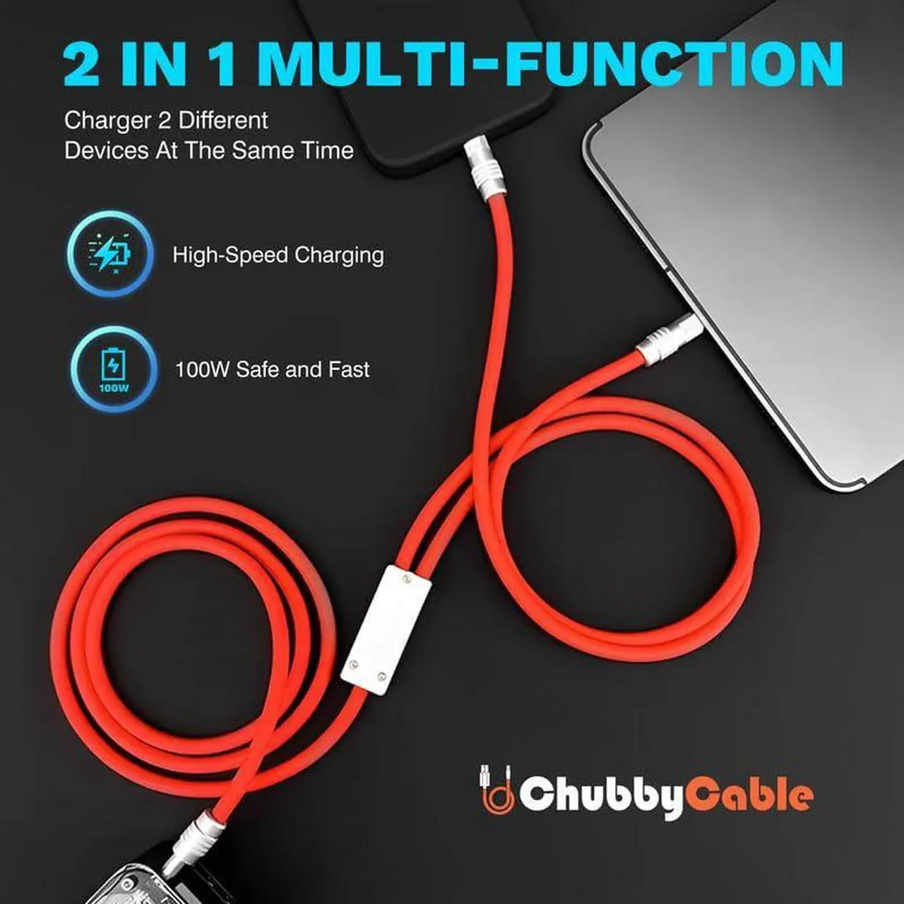 Alt view image 3 of 5 - chubbycable 2 in 1 USB C Cable 100W Charge Cable Durable Multi Fast Charging Cable Ultra-Thick Silicone Universal Phone Charger Cord, White, 4.2FT