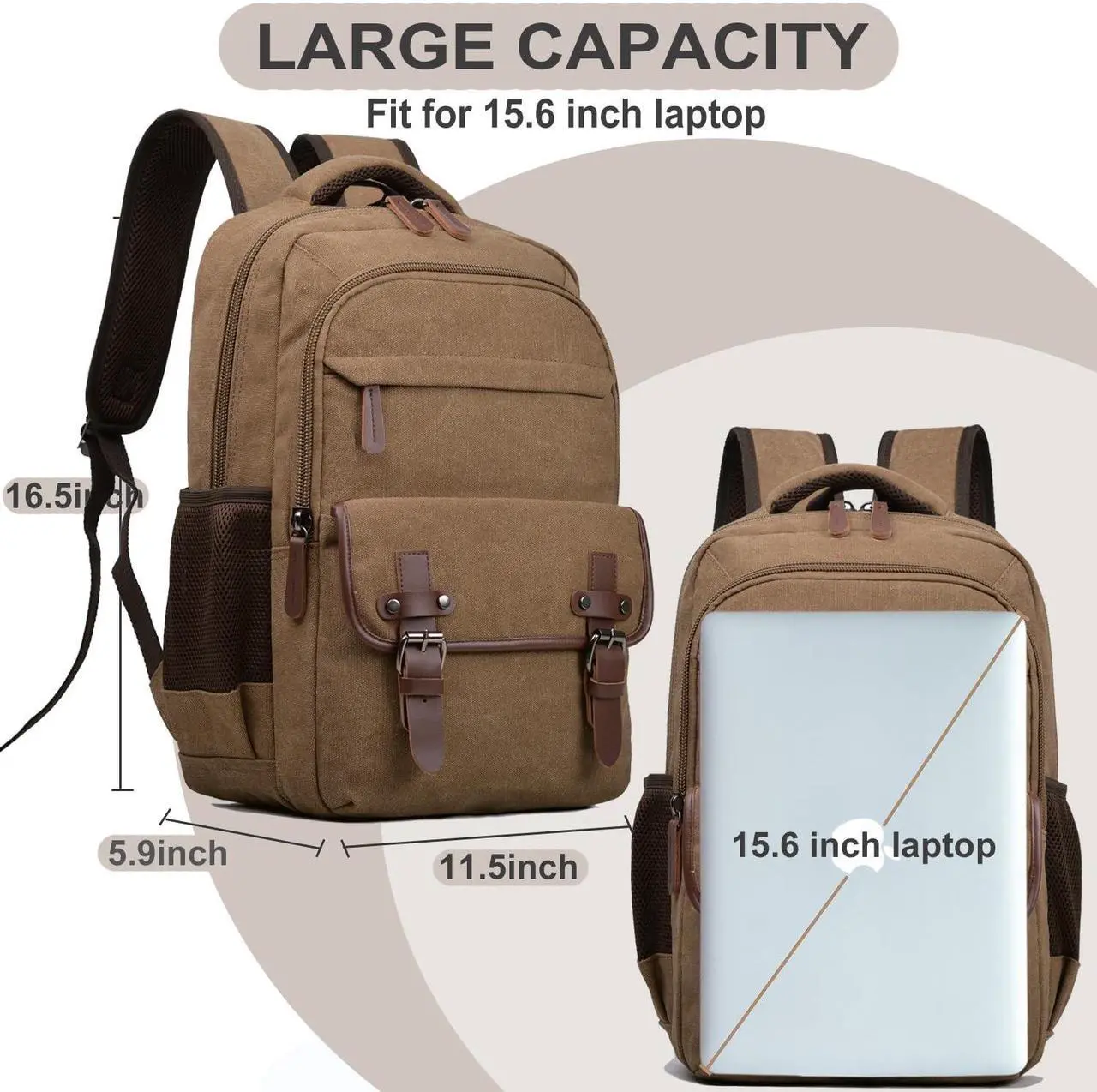 Alt view image 2 of 5 - Canvas Laptop Backpack, Vintage Daypack for Men Women,Travel Work Rucksack College Bookbag Computer Bag Fits 15.6 Inch Laptop (Coffee)