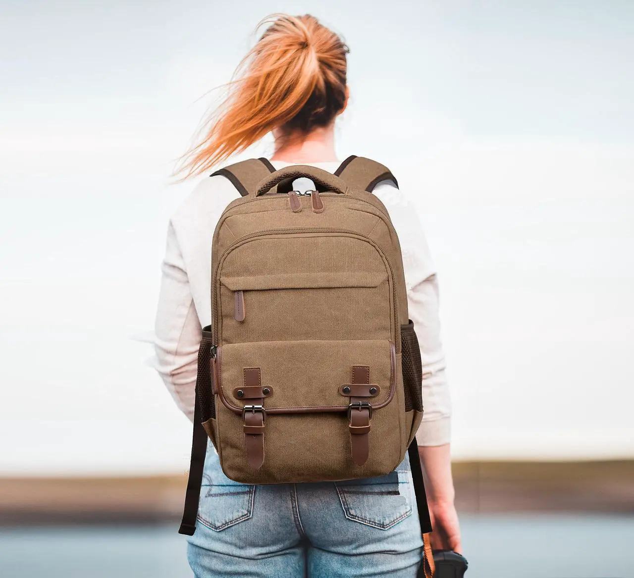 Alt view image 4 of 5 - Canvas Laptop Backpack, Vintage Daypack for Men Women,Travel Work Rucksack College Bookbag Computer Bag Fits 15.6 Inch Laptop (Coffee)