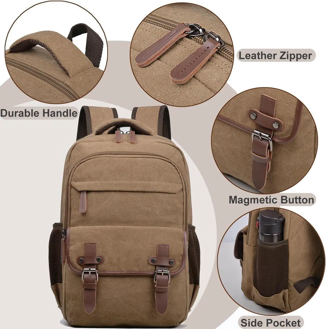 Alt view image 5 of 5 - Canvas Laptop Backpack, Vintage Daypack for Men Women,Travel Work Rucksack College Bookbag Computer Bag Fits 15.6 Inch Laptop (Coffee)