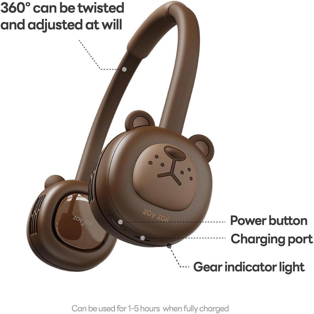 Alt view image 4 of 5 - Zoy zoii Neck Fan for Kids, Hands Free Bladeless Fan, Portable Wearable Personal Fan, Rechargeable 3 Speeds Gift for Boy Girl Travel Outdoor, Brown Bear