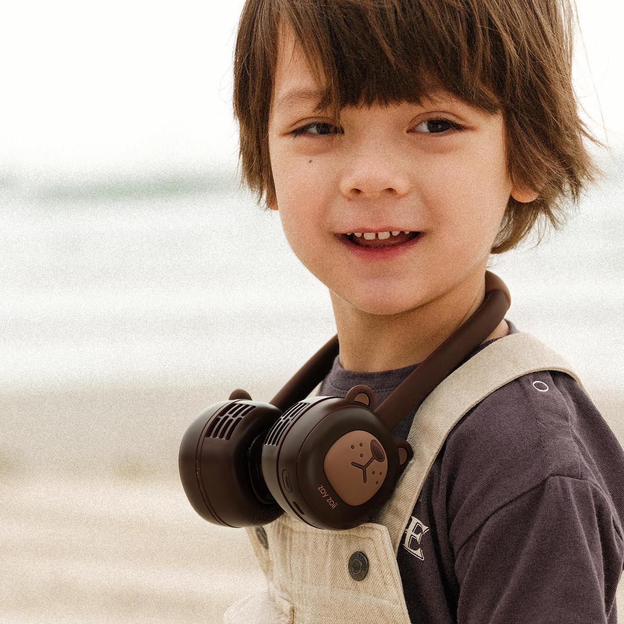 Alt view image 2 of 5 - Zoy zoii Neck Fan for Kids, Hands Free Bladeless Fan, Portable Wearable Personal Fan, Rechargeable 3 Speeds Gift for Boy Girl Travel Outdoor, Brown Bear