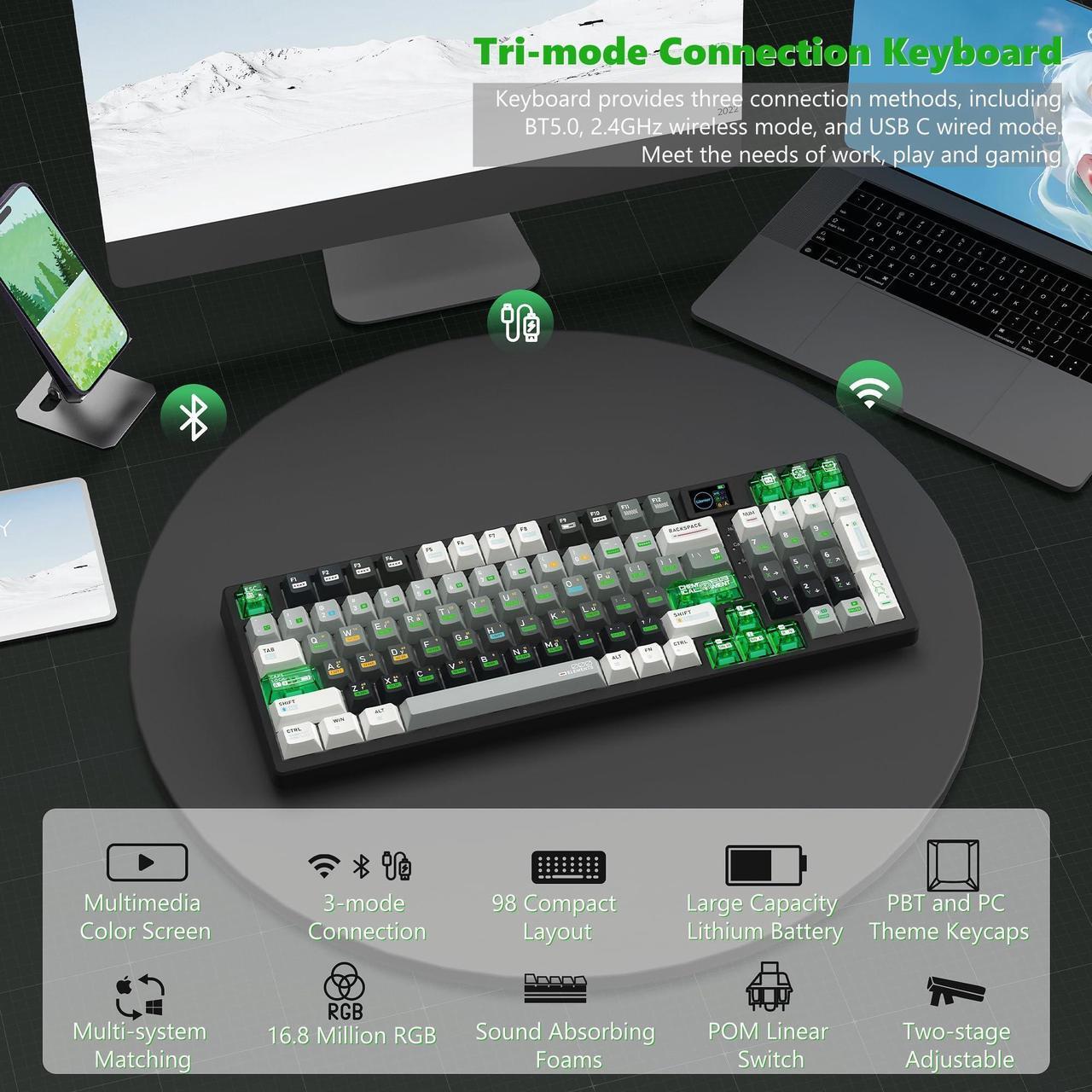 Alt view image 2 of 5 - Womier M90 Wireless Mechanical Keyboard with Number Pad & Multimedia Display,3-Mode Gaming Keyboard,Hot Swappable Custom Key Board RGB,POM Linear Switch,PBT Keycaps for PC/Xbox/PS4/PS5-Black
