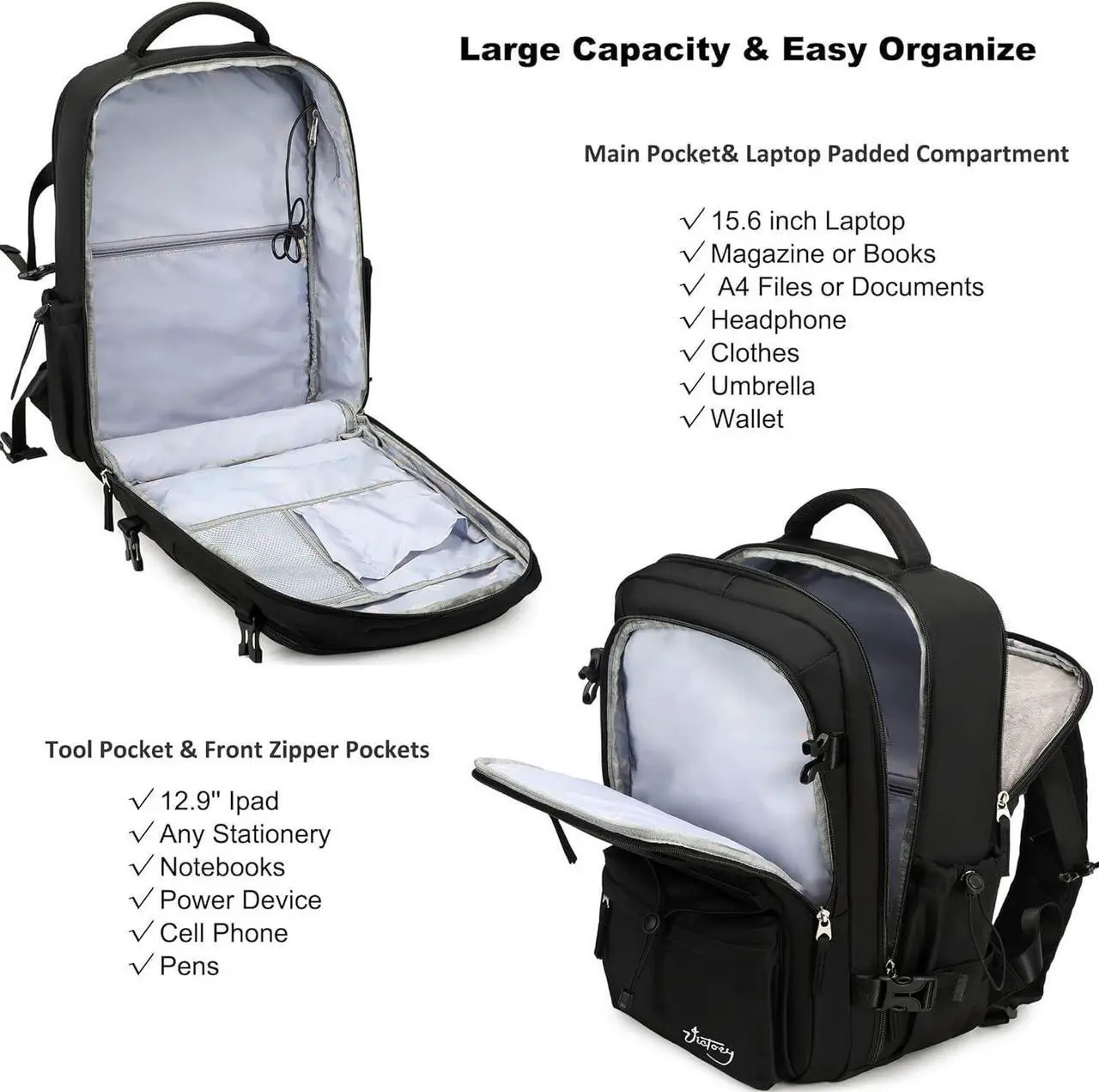 Alt view image 3 of 5 - Travel Backpack for Women Men 17 Inch Laptop Backpacks with USB Port Carry on Bag Airline Approved Large College School Bookbags Waterproof Work Business Sport Rucksack Casual Daypack (Black)