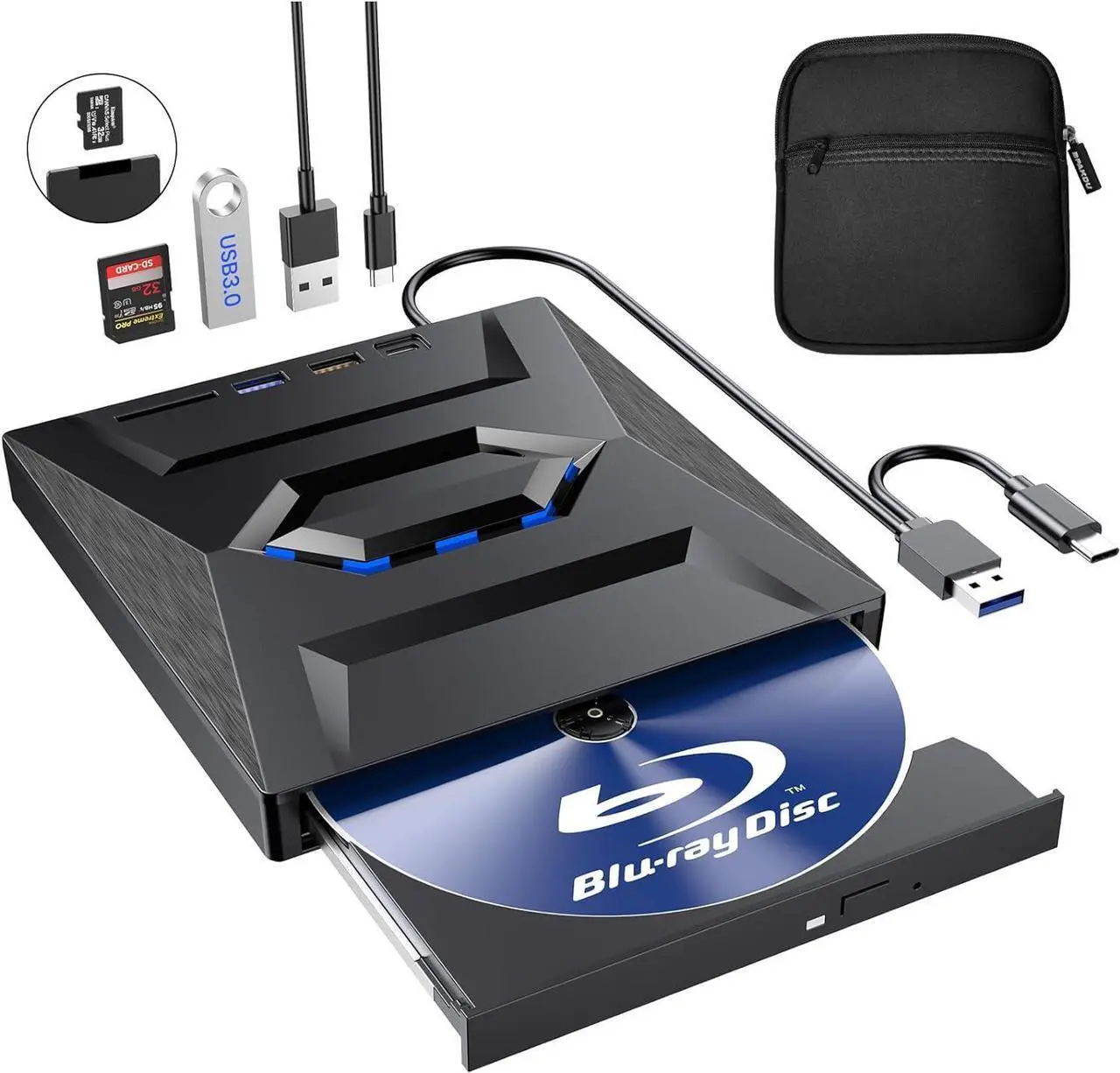Main image of External Blu Ray Drive with Case,Portable Bluray Player Writer Reader,CD Burner with USB 3.0 typc C Port& SD Card,DVD & CD-ROM +/-RW,External Blu-Ray Drives for PC Laptop Desktop Windows Mac Linux