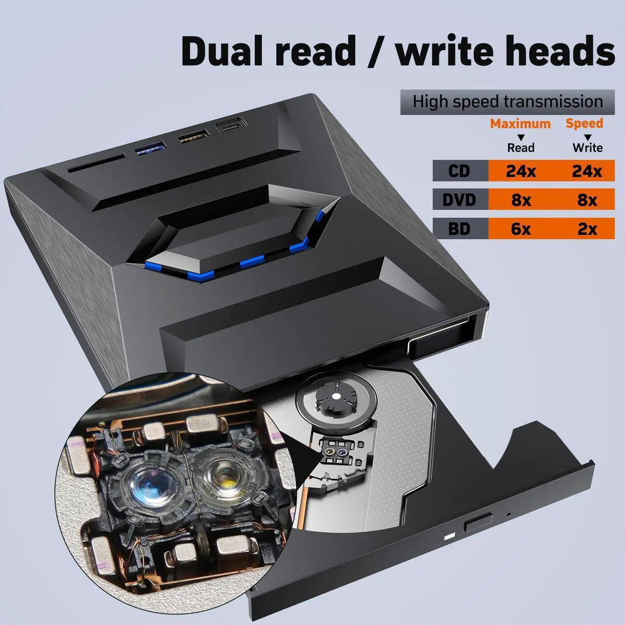 Alt view image 3 of 5 - External Blu Ray Drive with Case,Portable Bluray Player Writer Reader,CD Burner with USB 3.0 typc C Port& SD Card,DVD & CD-ROM +/-RW,External Blu-Ray Drives for PC Laptop Desktop Windows Mac Linux