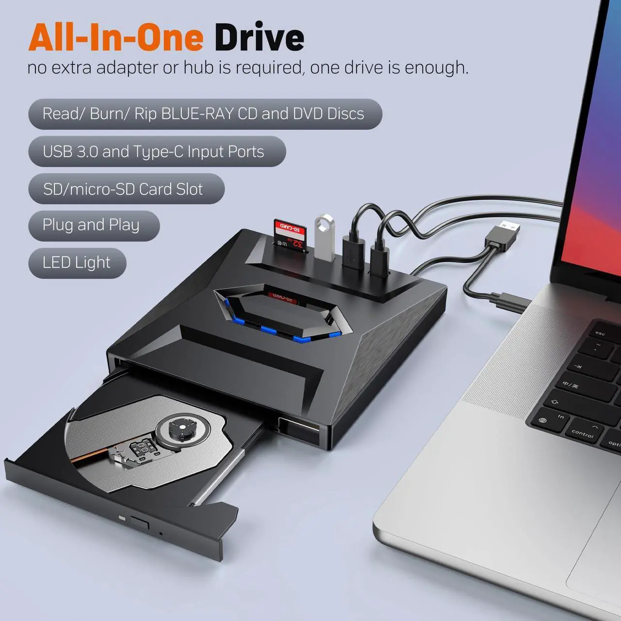 Alt view image 4 of 5 - External Blu Ray Drive with Case,Portable Bluray Player Writer Reader,CD Burner with USB 3.0 typc C Port& SD Card,DVD & CD-ROM +/-RW,External Blu-Ray Drives for PC Laptop Desktop Windows Mac Linux
