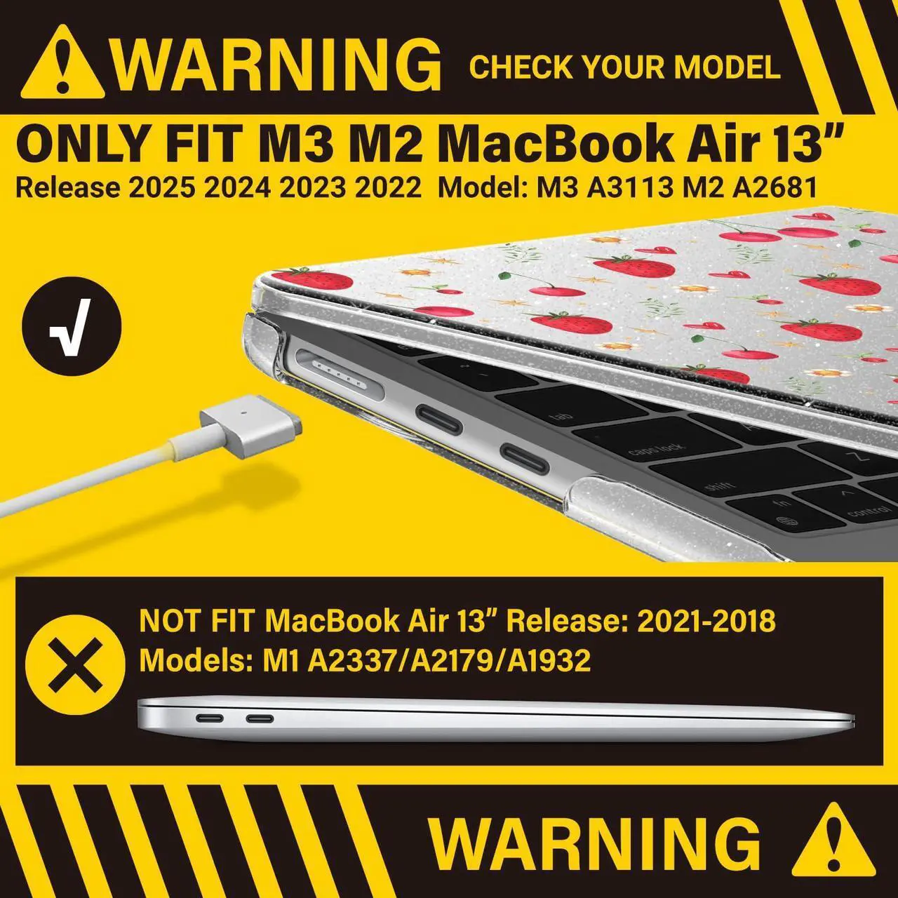 Alt view image 3 of 5 - IBENZER Compatible with 2025 2024 2023 2022 MacBook Air 13 inch Case M4 A3240 M3 A3113 M2 A2681, Hardshell Case & KeyboardCover & ScreenFilm & Type-C for Mac Air 13.6, Strawberry, AT13-KK-STBY+2TC