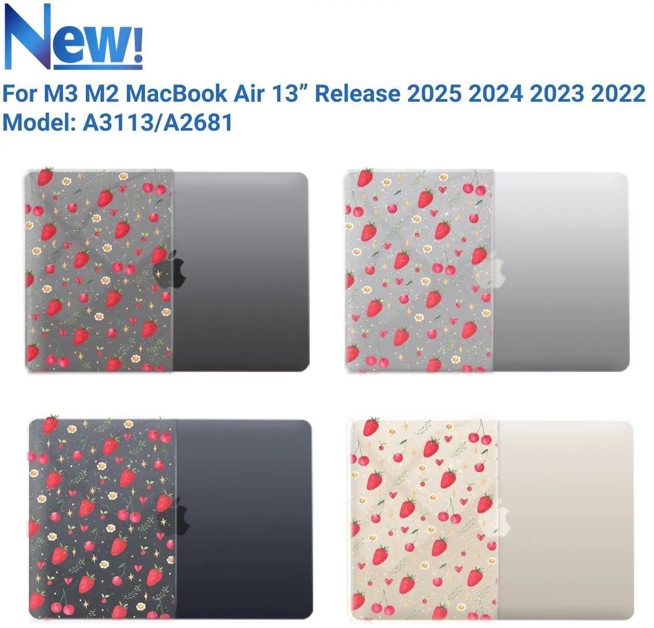 Alt view image 4 of 5 - IBENZER Compatible with 2025 2024 2023 2022 MacBook Air 13 inch Case M4 A3240 M3 A3113 M2 A2681, Hardshell Case & KeyboardCover & ScreenFilm & Type-C for Mac Air 13.6, Strawberry, AT13-KK-STBY+2TC