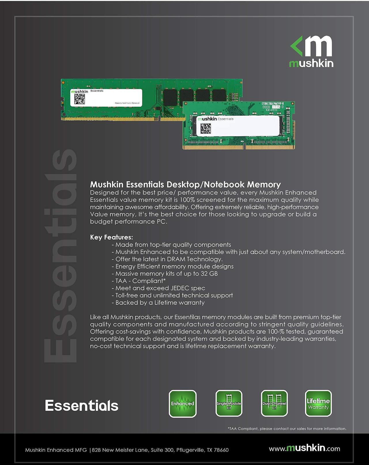 Alt view image 4 of 5 - Mushkin Essentials - DDR4 Laptop DRAM - 32GB (2x16GB) SODIMM Memory Kit - 2933MHz (PC4-23400) CL-21 - 260-pin 1.2V Notebook RAM - Dual-Channel - Low-Voltage - (MES4S293MF16GX2)