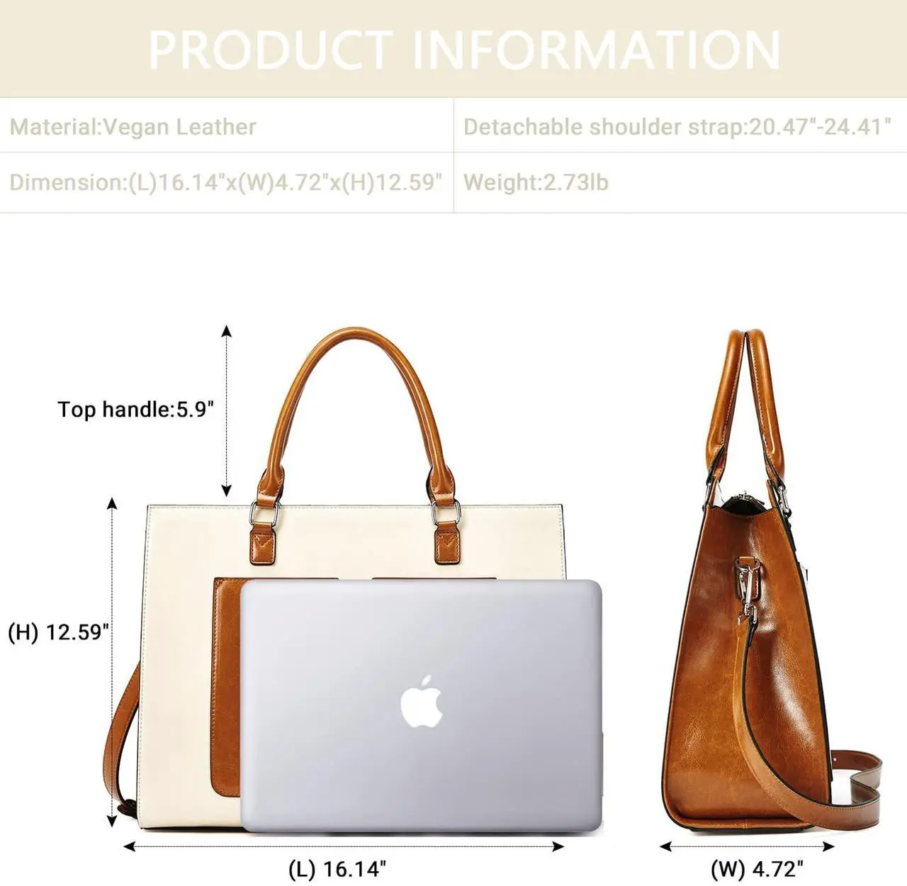 Alt view image 4 of 5 - BROMEN Womens Briefcase Leather 15.6 inch Laptop Shoulder Bag Business Tote Handbag Brown with Beige