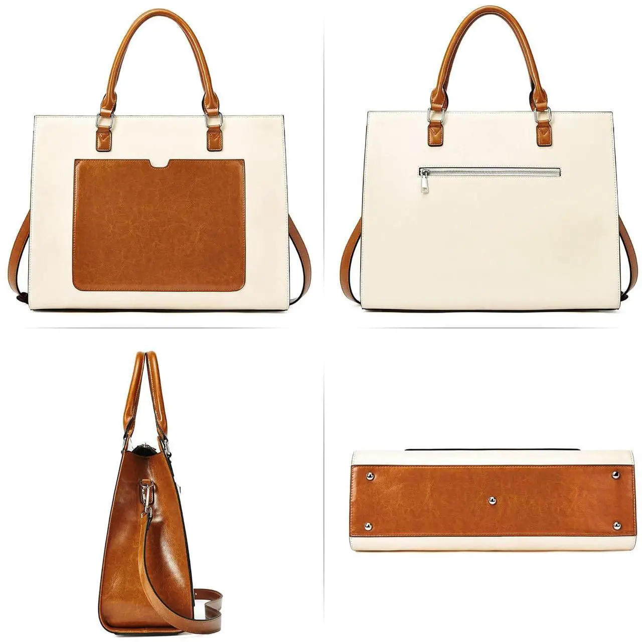 Alt view image 3 of 5 - BROMEN Womens Briefcase Leather 15.6 inch Laptop Shoulder Bag Business Tote Handbag Brown with Beige