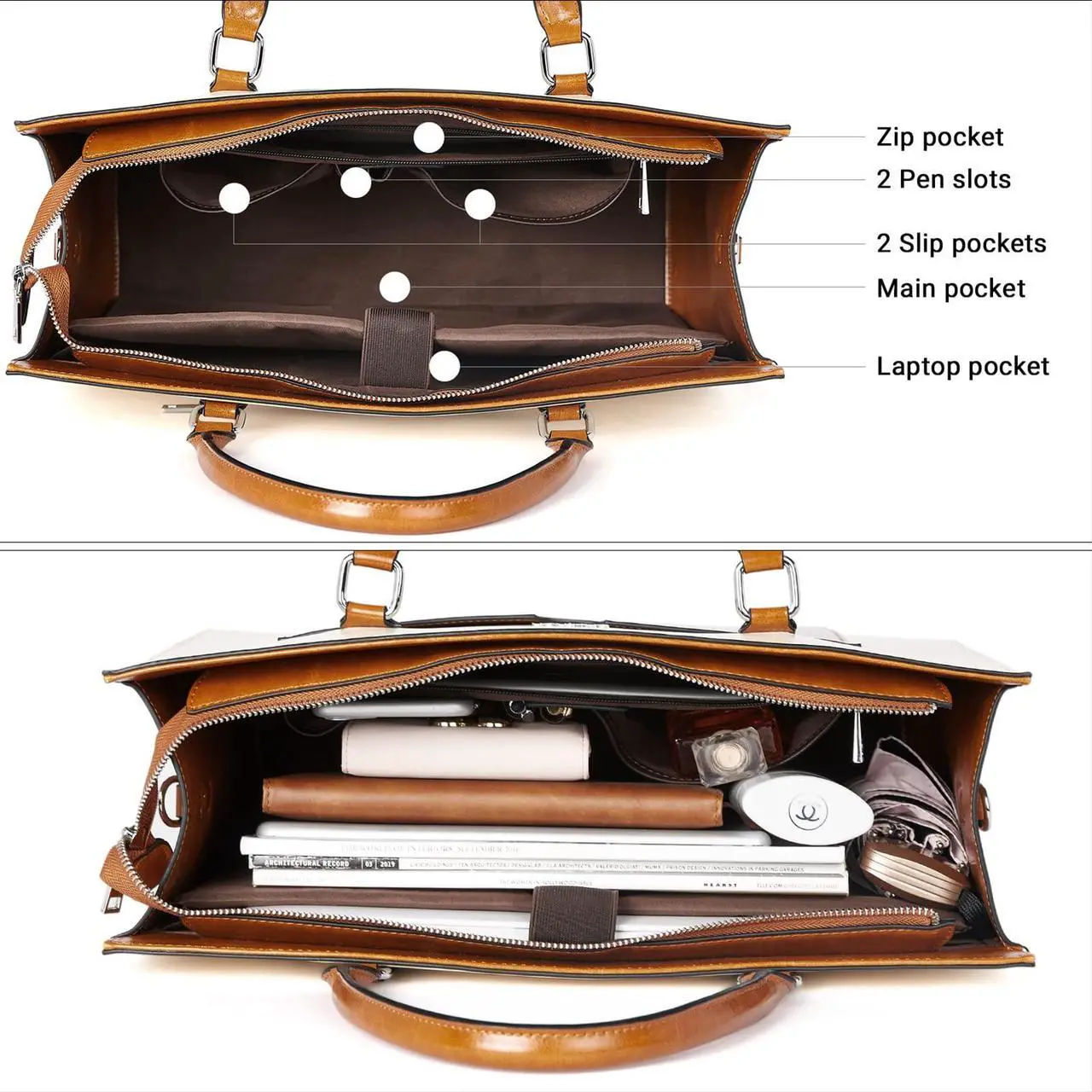 Alt view image 5 of 5 - BROMEN Womens Briefcase Leather 15.6 inch Laptop Shoulder Bag Business Tote Handbag Brown with Beige