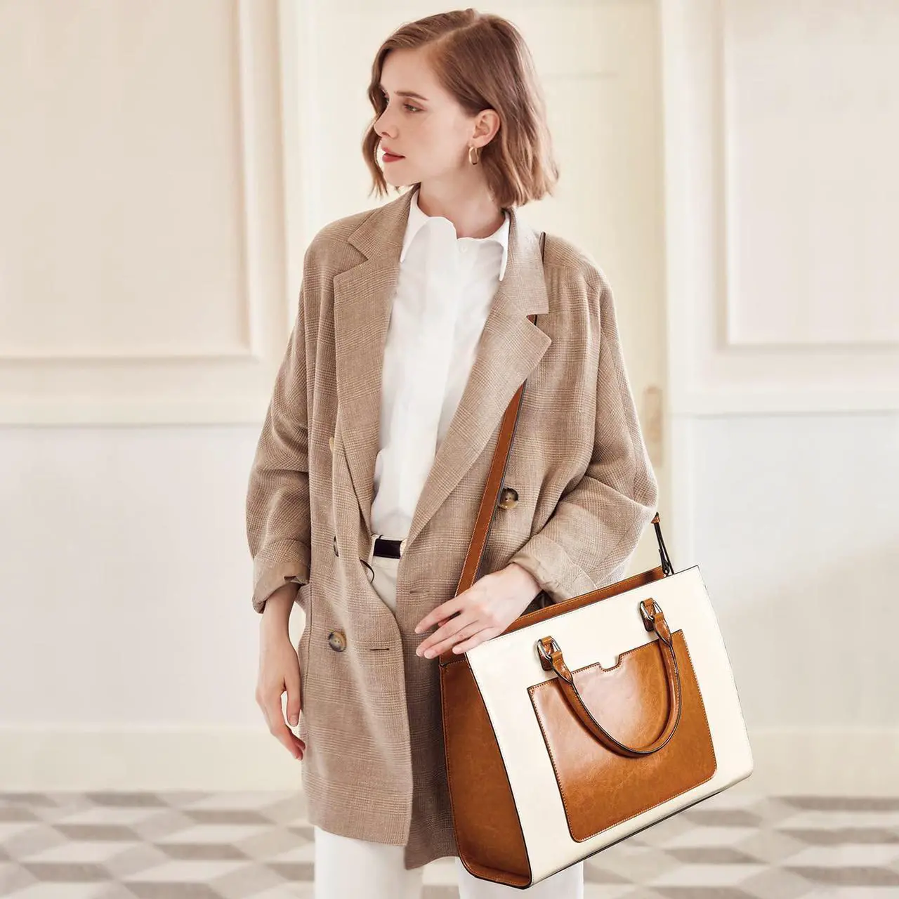 Alt view image 2 of 5 - BROMEN Womens Briefcase Leather 15.6 inch Laptop Shoulder Bag Business Tote Handbag Brown with Beige