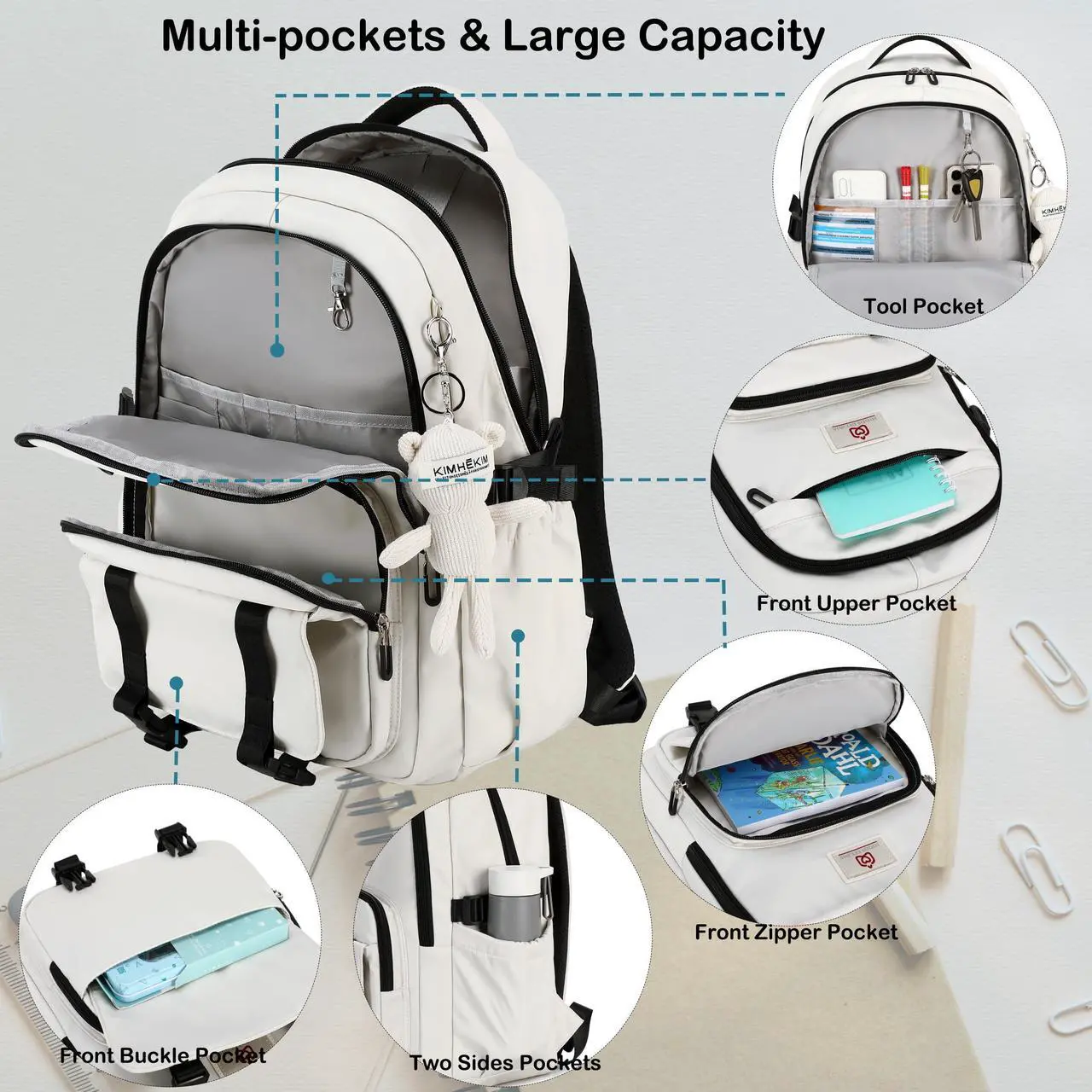 Alt view image 5 of 5 - Hidds Laptop Backpack Pink+ College Backpacks Beige Lightweight School Bag Large Women Bookbags
