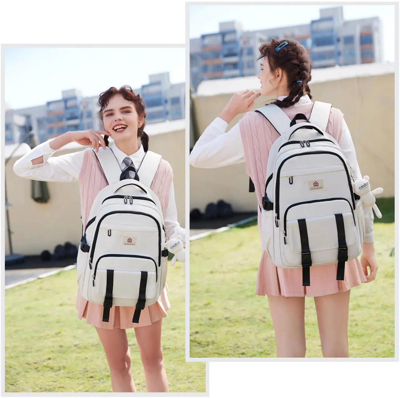 Alt view image 3 of 5 - Hidds Laptop Backpack Pink+ College Backpacks Beige Lightweight School Bag Large Women Bookbags