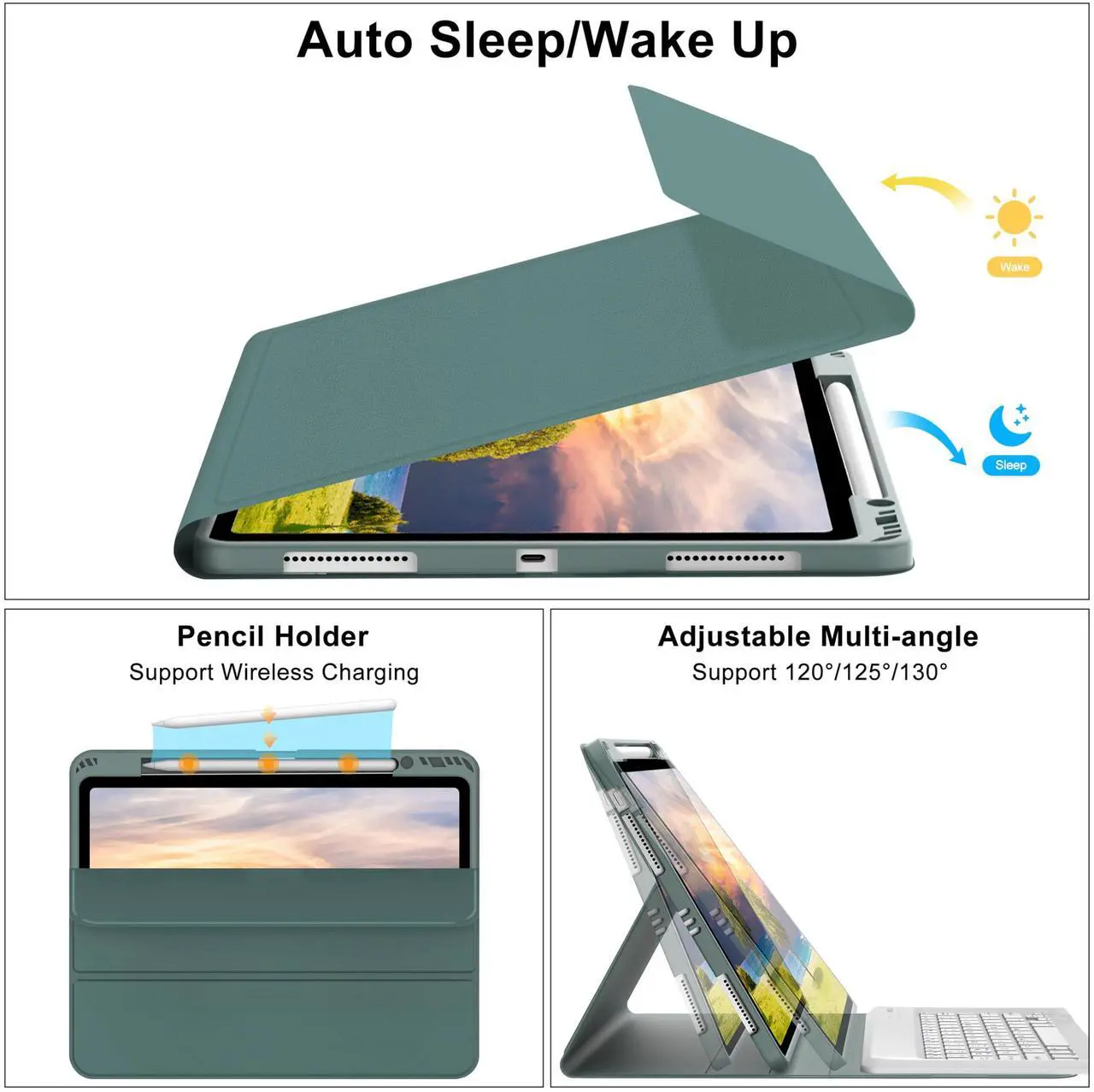 Alt view image 3 of 5 - for iPad Air 13 inch Case with Keyboard (M2) 2024 (M3) 2025, Magnetically Detachable Wireless Bluetooth Keyboard, Stain Proof Smart Protect Cover, Auto Sleep/Wake Up, Long Battery Life, Dark Green