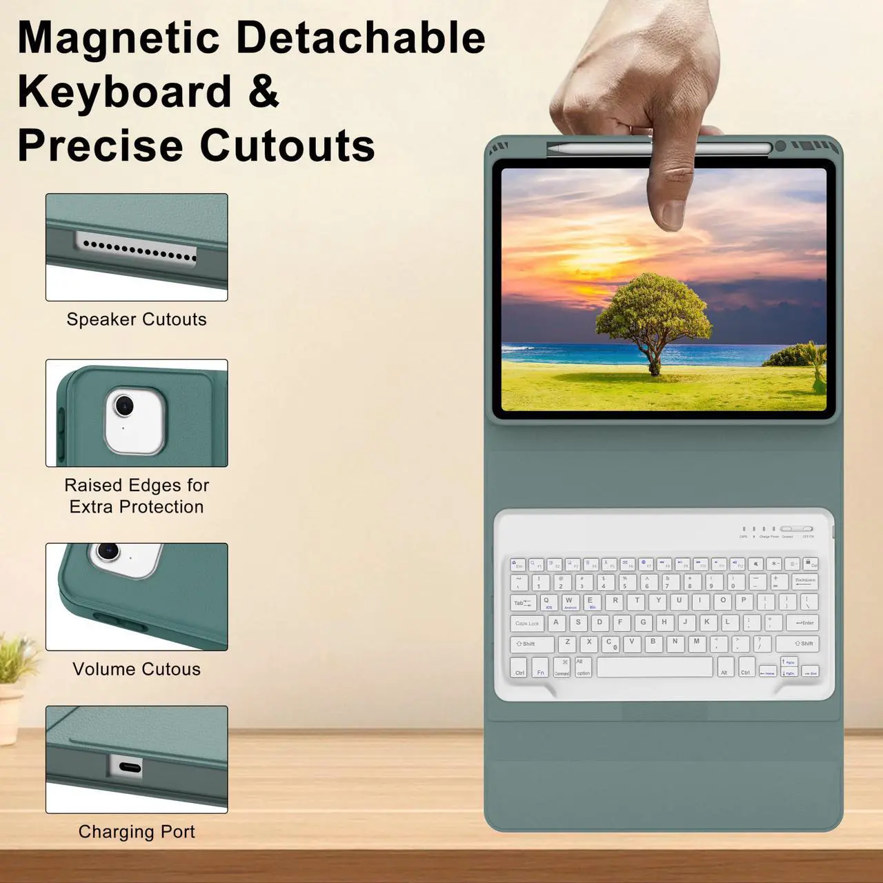 Alt view image 5 of 5 - for iPad Air 13 inch Case with Keyboard (M2) 2024 (M3) 2025, Magnetically Detachable Wireless Bluetooth Keyboard, Stain Proof Smart Protect Cover, Auto Sleep/Wake Up, Long Battery Life, Dark Green
