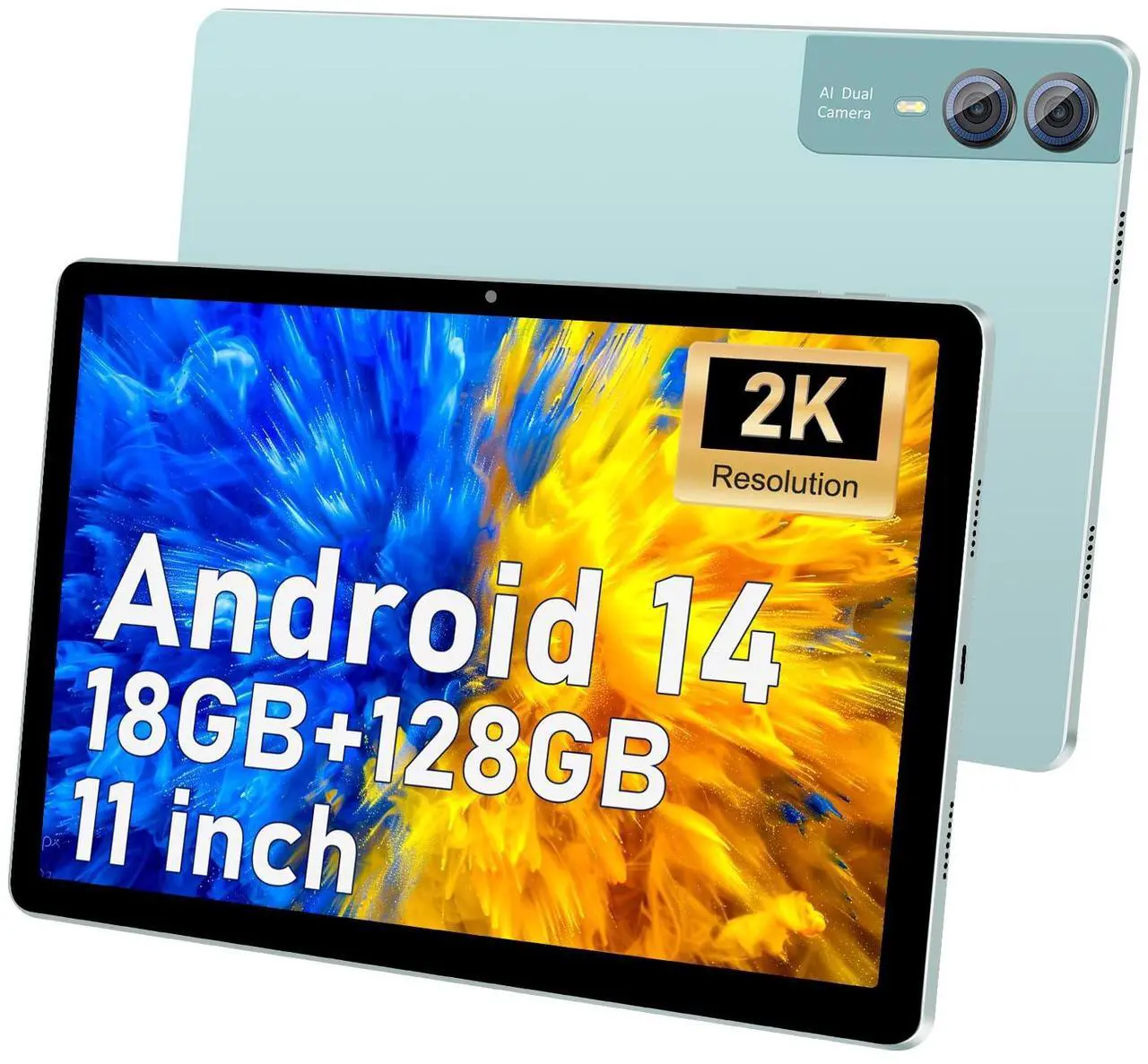 Alt view image 2 of 5 - 2025 Latest 11 inch 2K Tablet with Keyboard Android 14 2000x1200 2 in 1 Tablets PC, T616 Octa Core, 18GB RAM+128GB ROM, 5+5+13MP Camera, 9000mAh Battery 4 Speakers, 5G WiFi, with Case, Stylus - Green