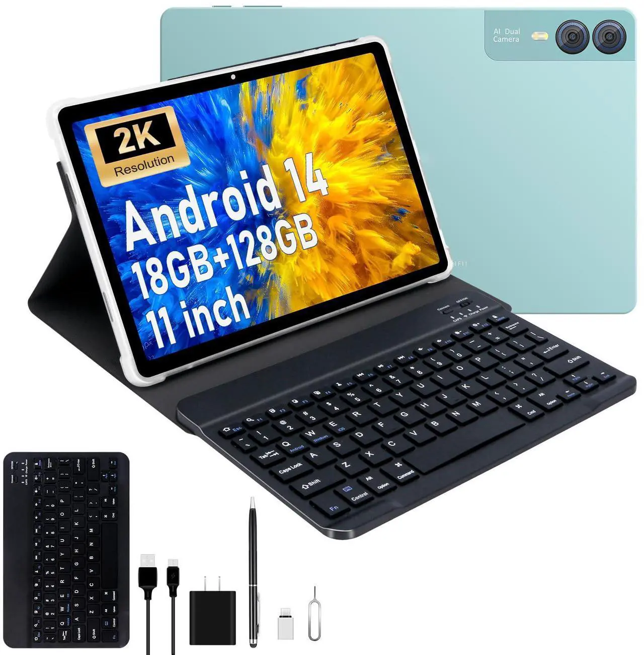 Main image of 2025 Latest 11 inch 2K Tablet with Keyboard Android 14 2000x1200 2 in 1 Tablets PC, T616 Octa Core, 18GB RAM+128GB ROM, 5+5+13MP Camera, 9000mAh Battery 4 Speakers, 5G WiFi, with Case, Stylus - Green