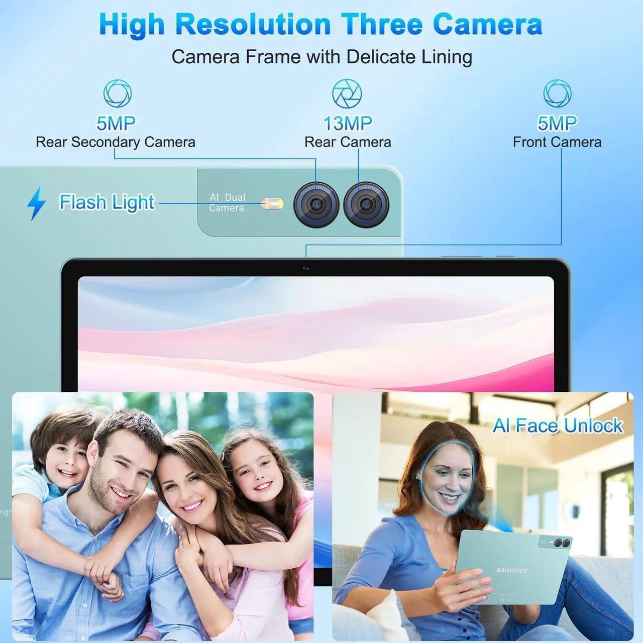 Alt view image 4 of 5 - 2025 Latest 11 inch 2K Tablet with Keyboard Android 14 2000x1200 2 in 1 Tablets PC, T616 Octa Core, 18GB RAM+128GB ROM, 5+5+13MP Camera, 9000mAh Battery 4 Speakers, 5G WiFi, with Case, Stylus - Green