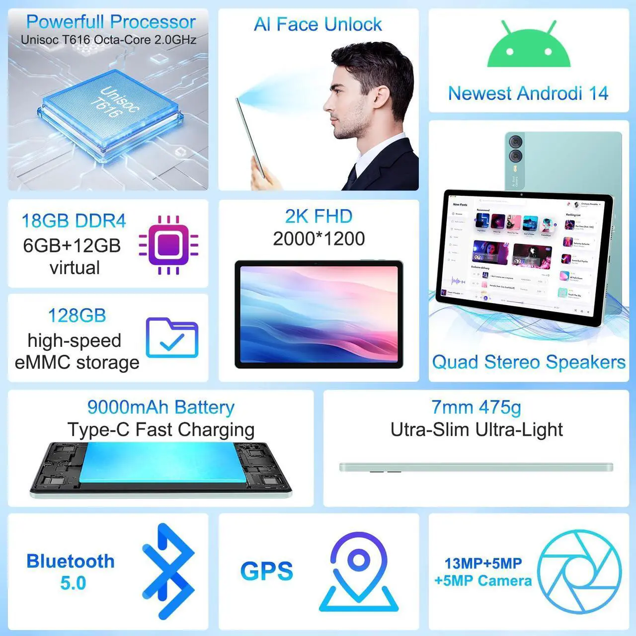 Alt view image 5 of 5 - 2025 Latest 11 inch 2K Tablet with Keyboard Android 14 2000x1200 2 in 1 Tablets PC, T616 Octa Core, 18GB RAM+128GB ROM, 5+5+13MP Camera, 9000mAh Battery 4 Speakers, 5G WiFi, with Case, Stylus - Green