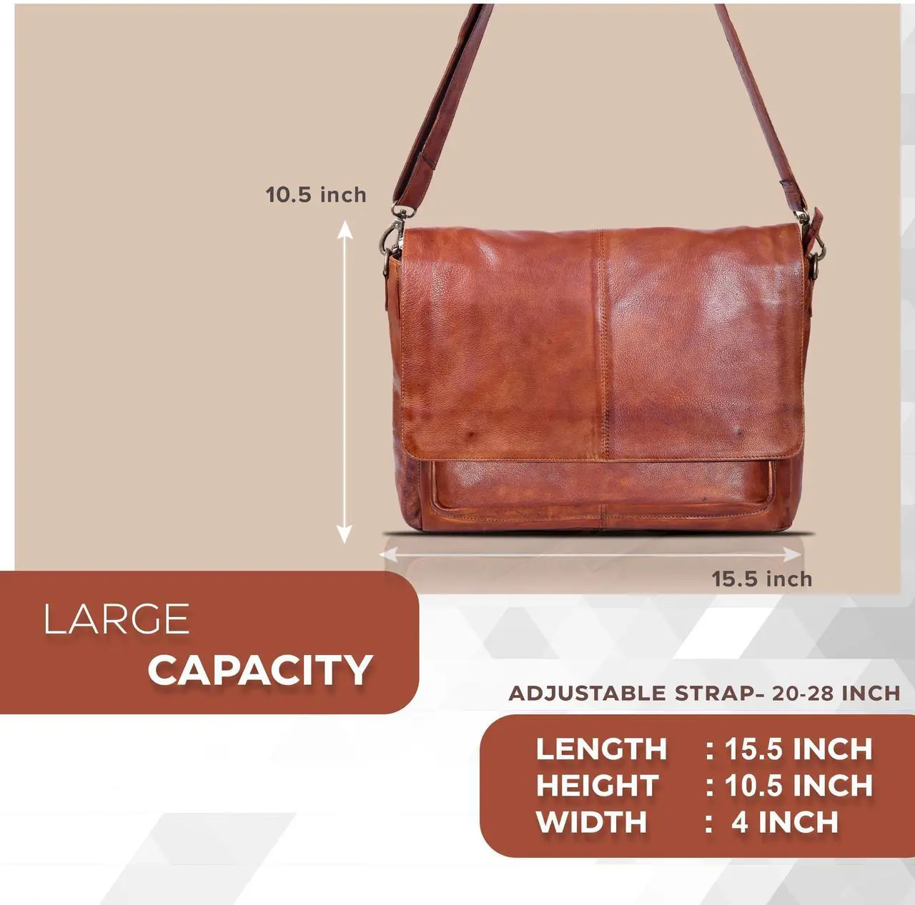 Alt view image 5 of 5 - Vintage Messenger Bags For Him And Her | Leather | Adjustable Shoulder Strap | Tan | Multiple Compartment | Sleek Design