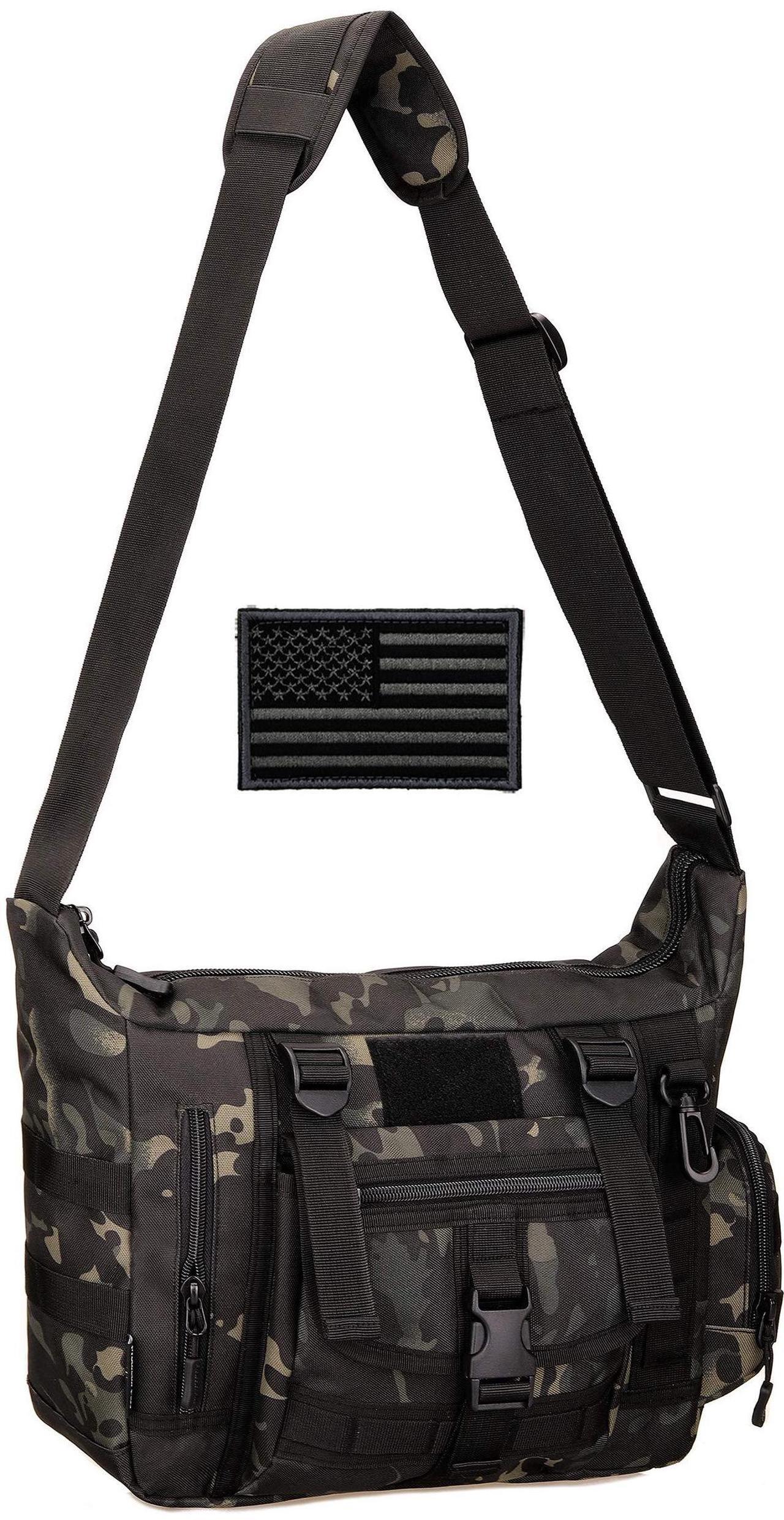 Main image of Protector Plus Tactical Messenger Bag Men Military MOLLE Sling Shoulder Pack Briefcase Assault Gear Handbags Outdoor Utility Carry Satchel Laptop Case (Patch Included), Black Camo