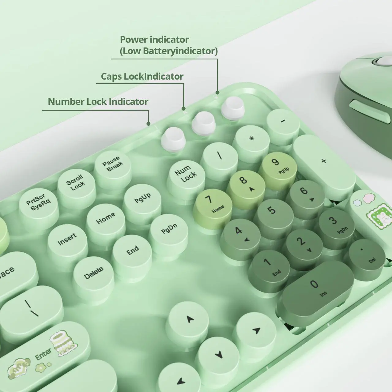 Alt view image 2 of 5 - SbocKeeb Wireless Keyboard and Mouse Set, Retro Typewriter Style, 2.4GHz Full Size 104-Key With Number Pad, Colorful Round Keycaps for Windows PC Laptop (Light Green)