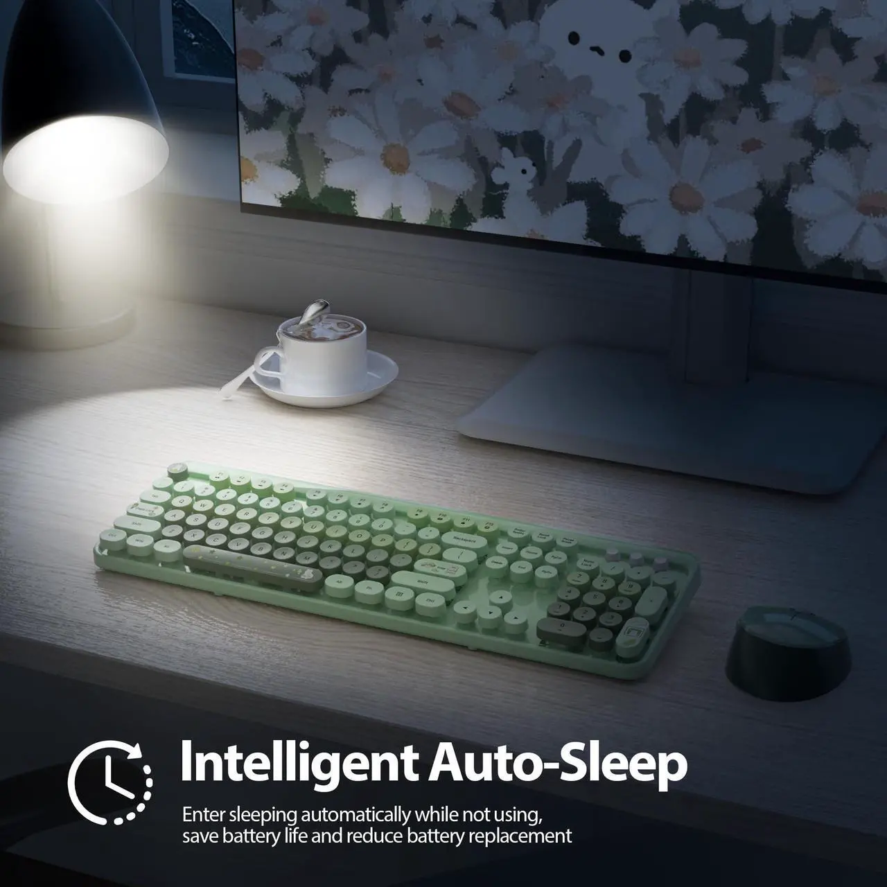Alt view image 3 of 5 - SbocKeeb Wireless Keyboard and Mouse Set, Retro Typewriter Style, 2.4GHz Full Size 104-Key With Number Pad, Colorful Round Keycaps for Windows PC Laptop (Light Green)