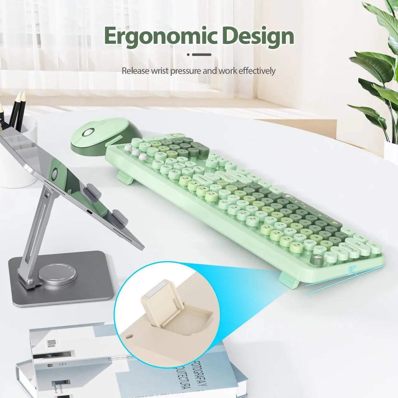 Alt view image 4 of 5 - SbocKeeb Wireless Keyboard and Mouse Set, Retro Typewriter Style, 2.4GHz Full Size 104-Key With Number Pad, Colorful Round Keycaps for Windows PC Laptop (Light Green)